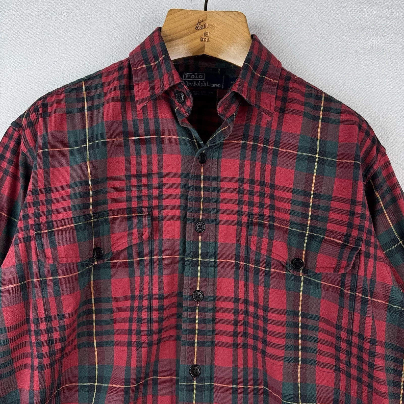 90’s Vtg Polo Ralph Lauren Tartan Plaid Wool Blend Flannel Shirt Men's M Red