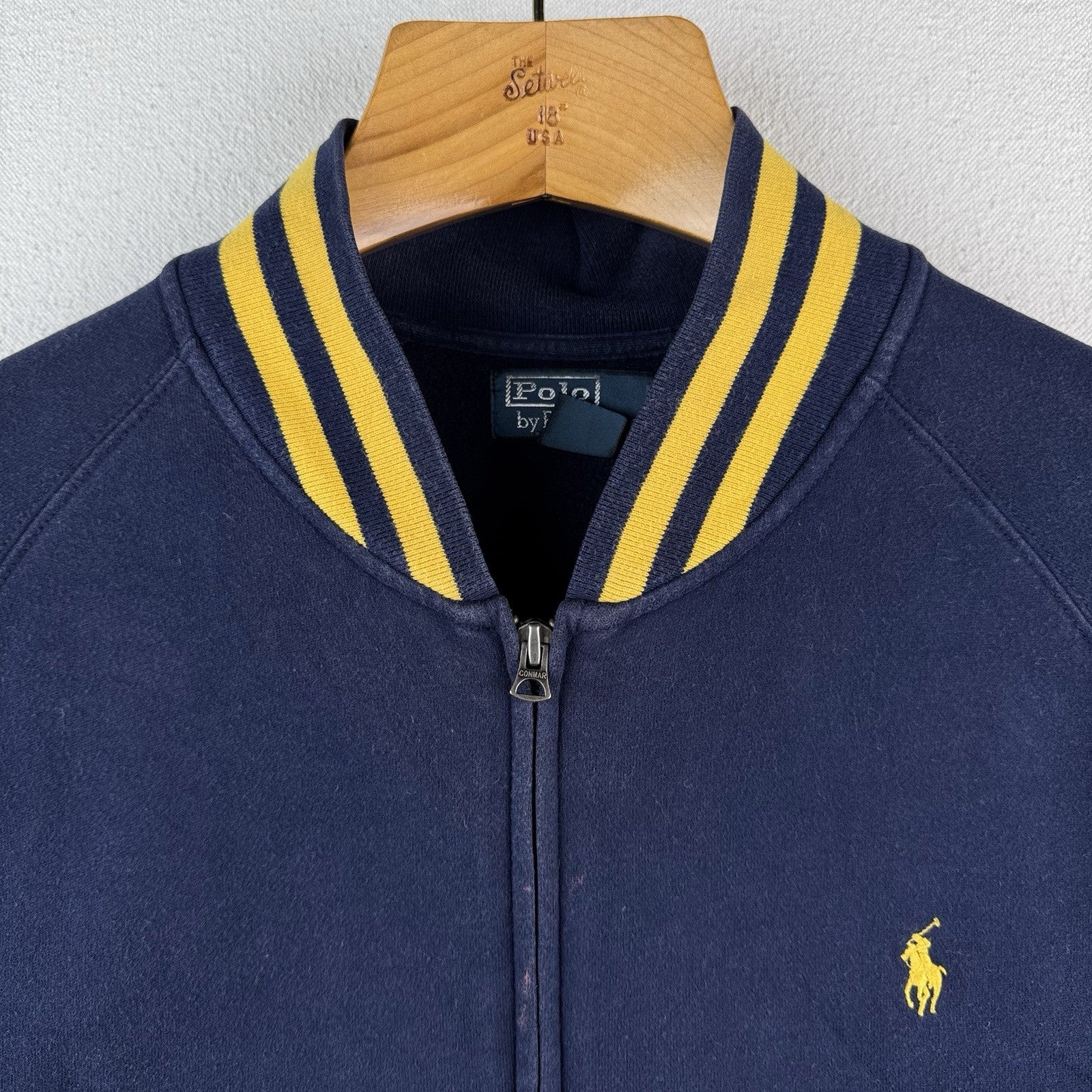 90's Vtg Polo Ralph Lauren Men's XL Fleece Varsity Jacket College Navy Gold Zip