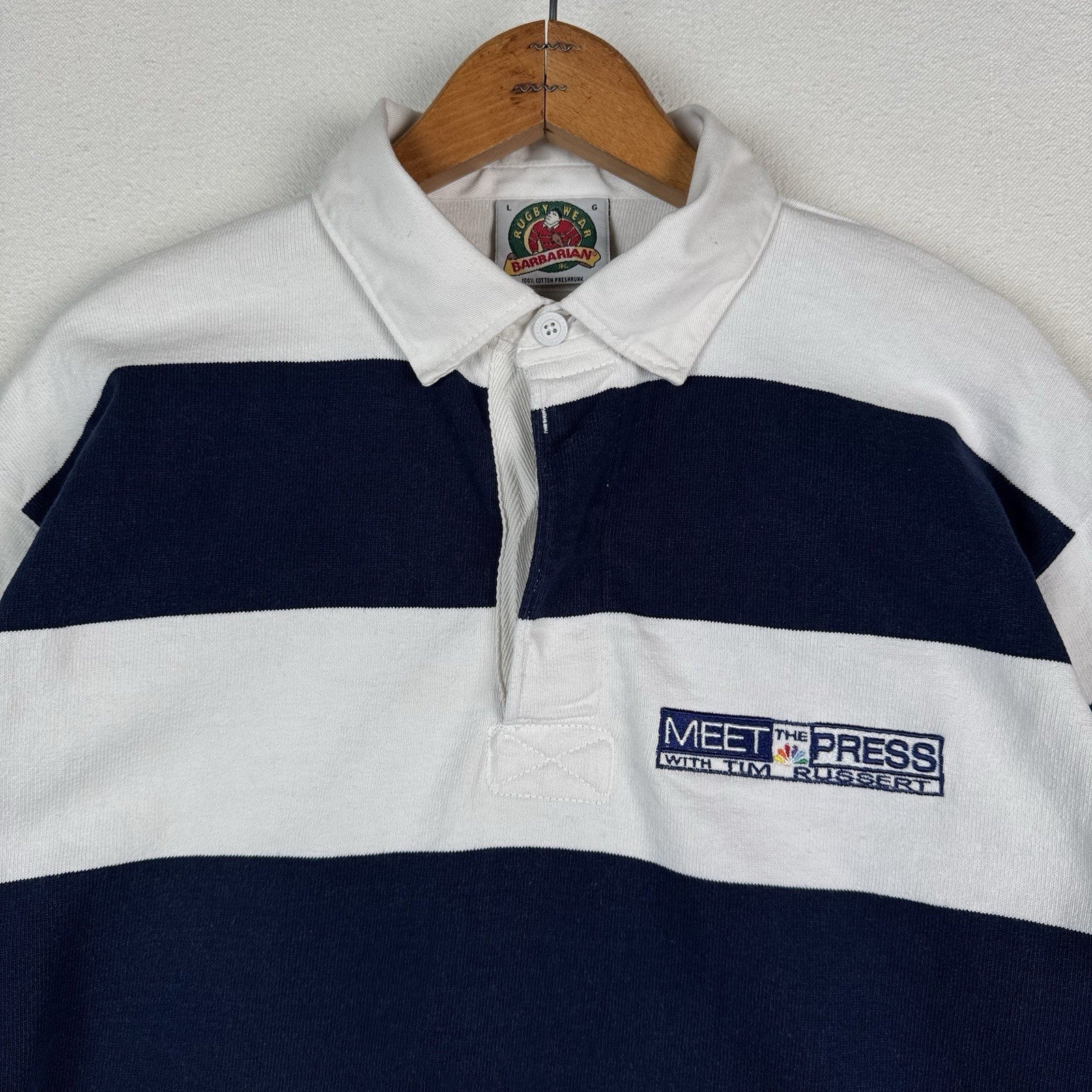 Vintage Rugby Mens L Barbarian Meet The Press Tim Russert Blue White Stripe Polo