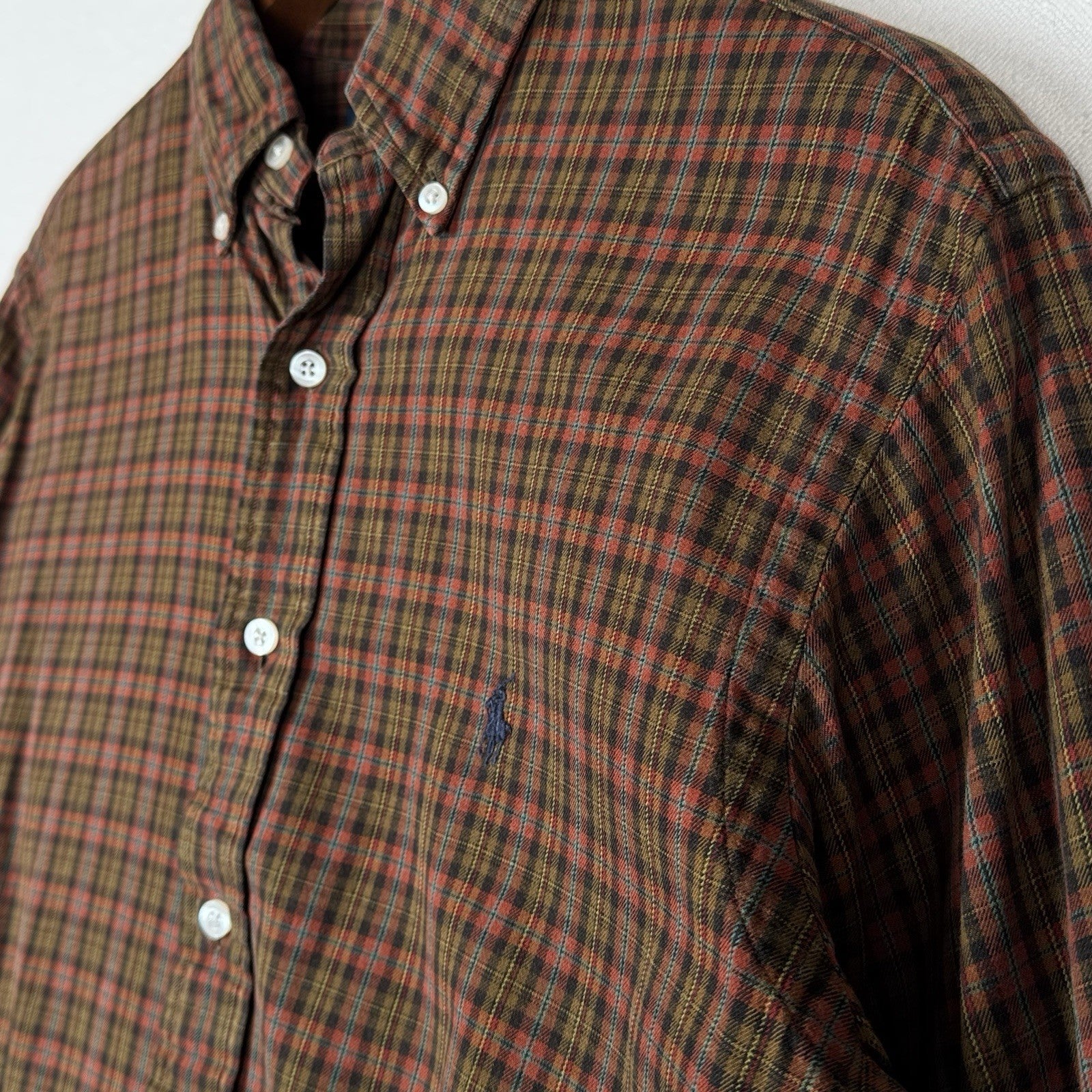 Vintage Ralph Lauren Classic Fit Mens S Plaid Check Cotton L/S Shirt Red Yellow