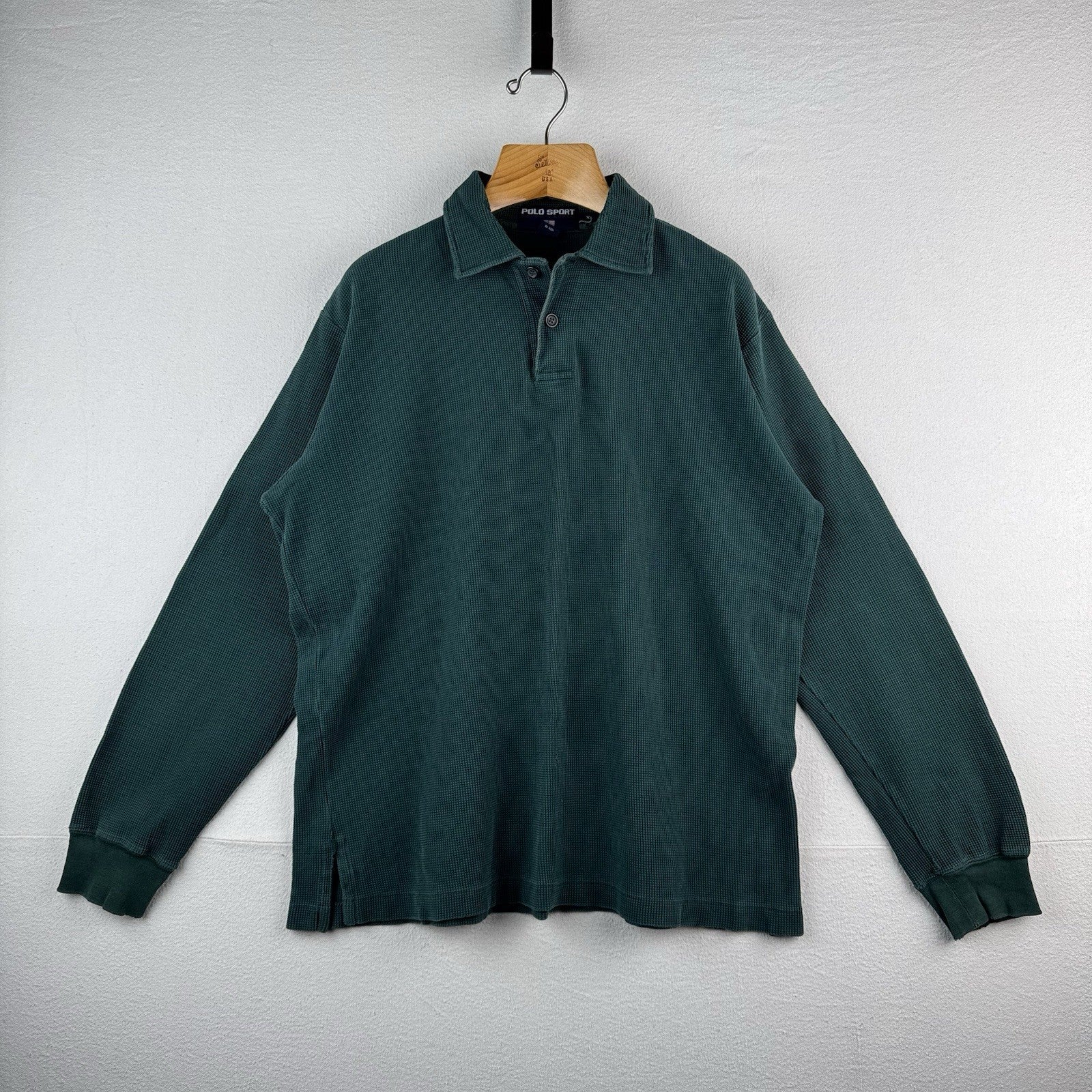 Vtg Polo Sport Ralph Lauren Men’s XL Green Waffle Knit Shirt LS *Distressed
