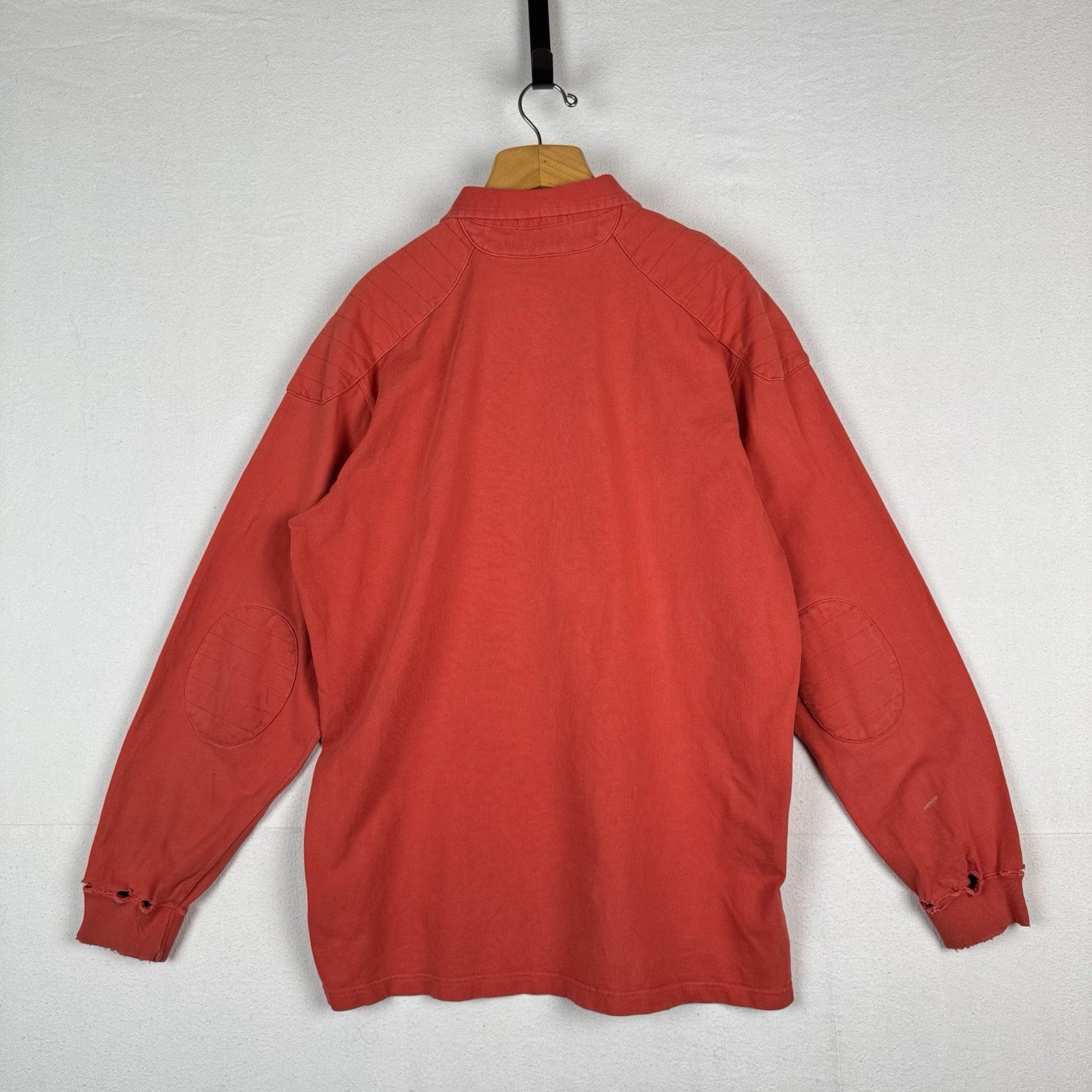 90’s Vtg Polo Ralph Lauren Rugby Shirt Mens L Orange Quilted Elbows *Distressed