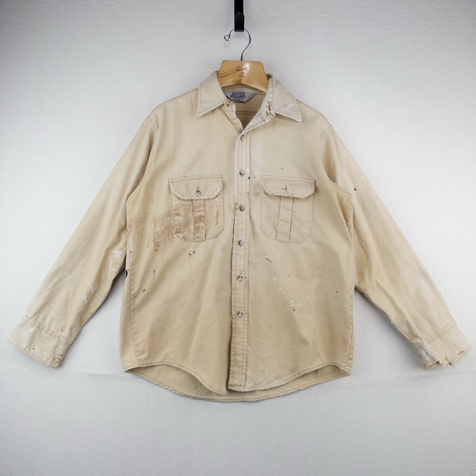 70’s Vtg Sportsman's Guide Shirt Mens L Heavy Cotton Tan Long Sleeve *Distressed