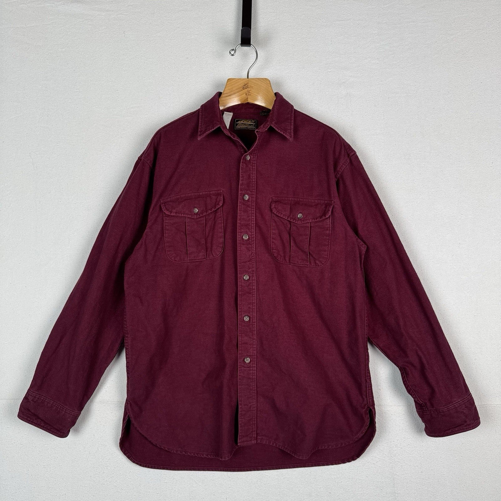Vintage Eddie Bauer Men’s Large Burgundy Red Heavy Flannel Chamois Made USA