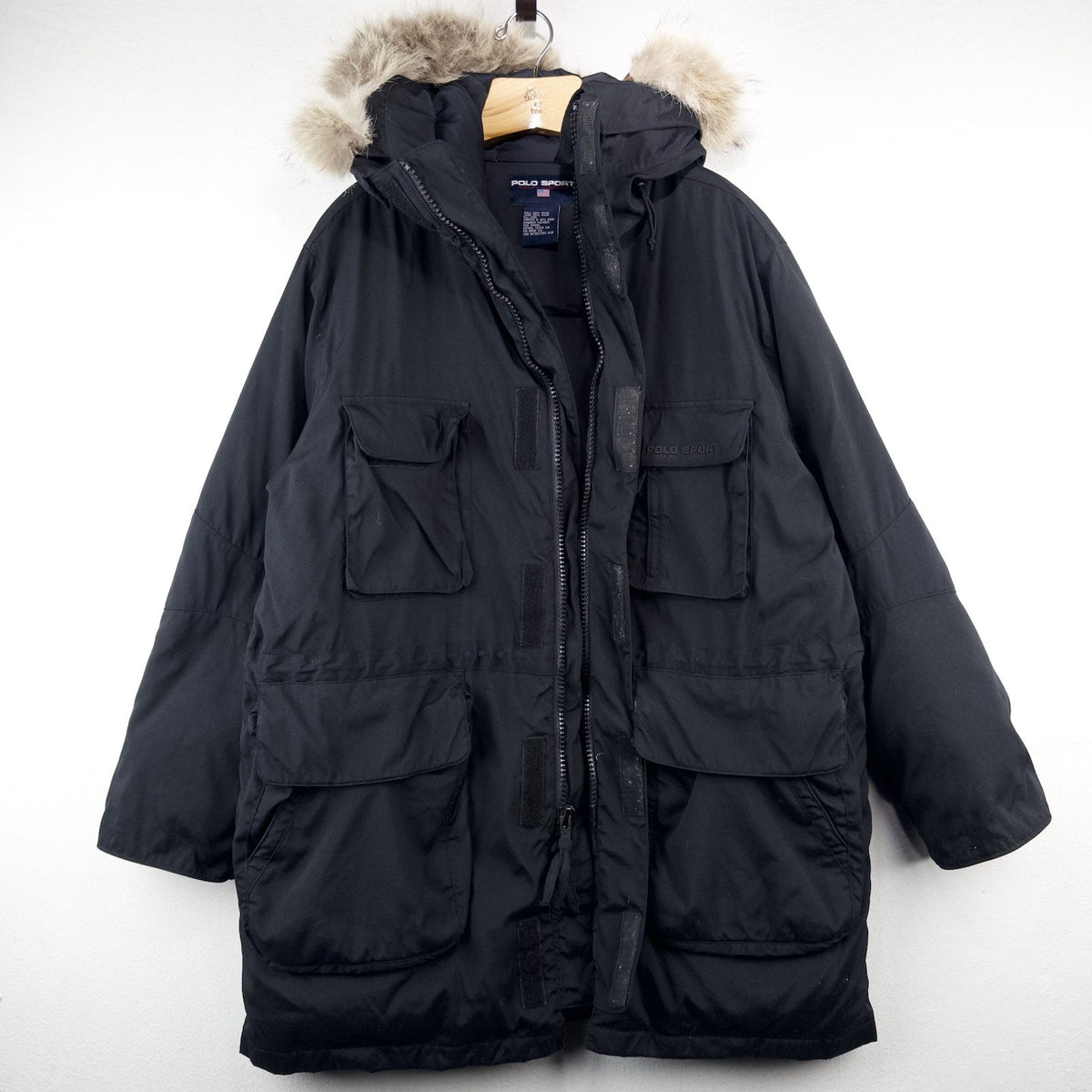 90’s Vtg Polo Sport Ralph Lauren Men’s L Black Down Parka Jacket Coyote Fur Trim