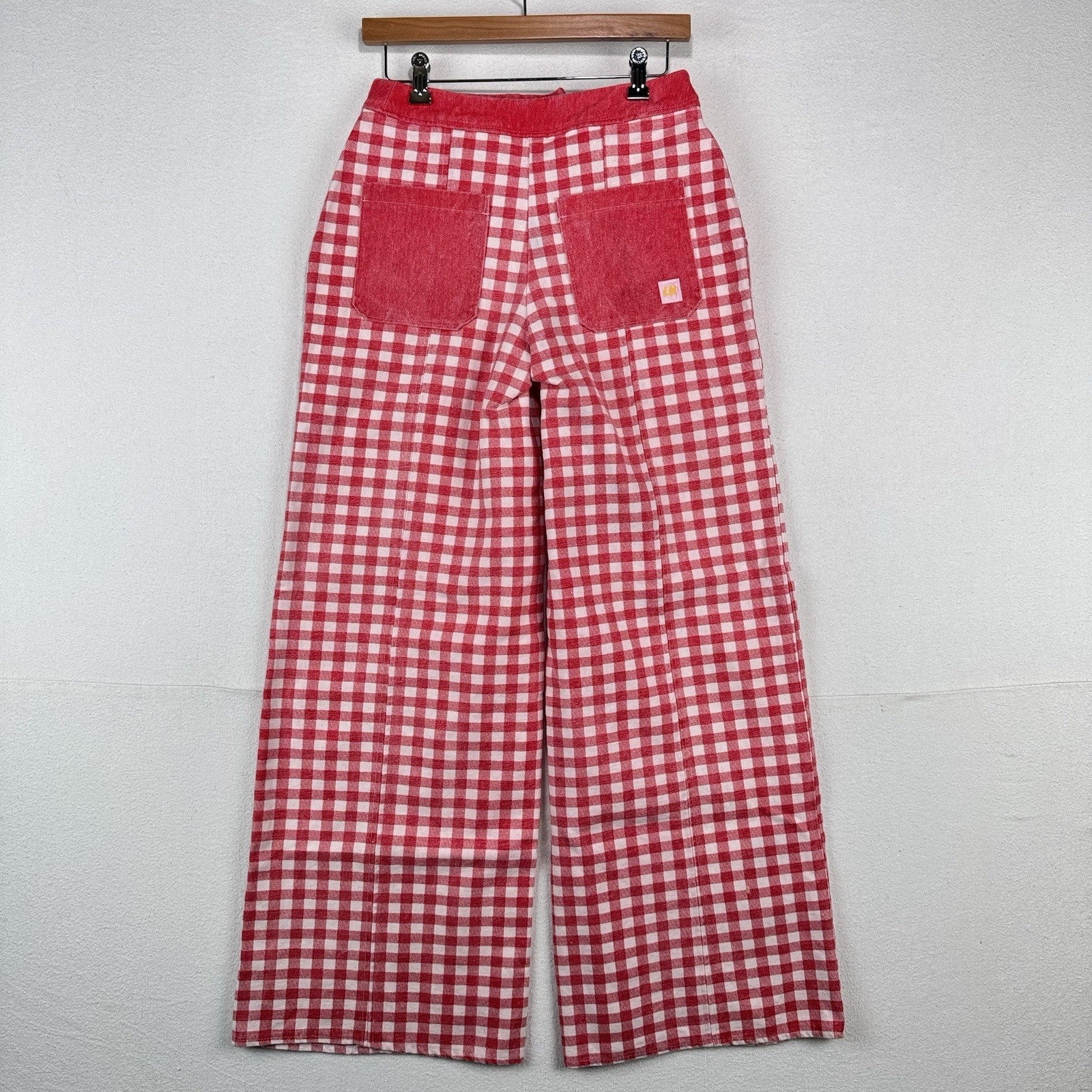 Vtg Gingham Womens 28x30 Wide 13” Leg High Waist Pants Red & White Patch Pockets
