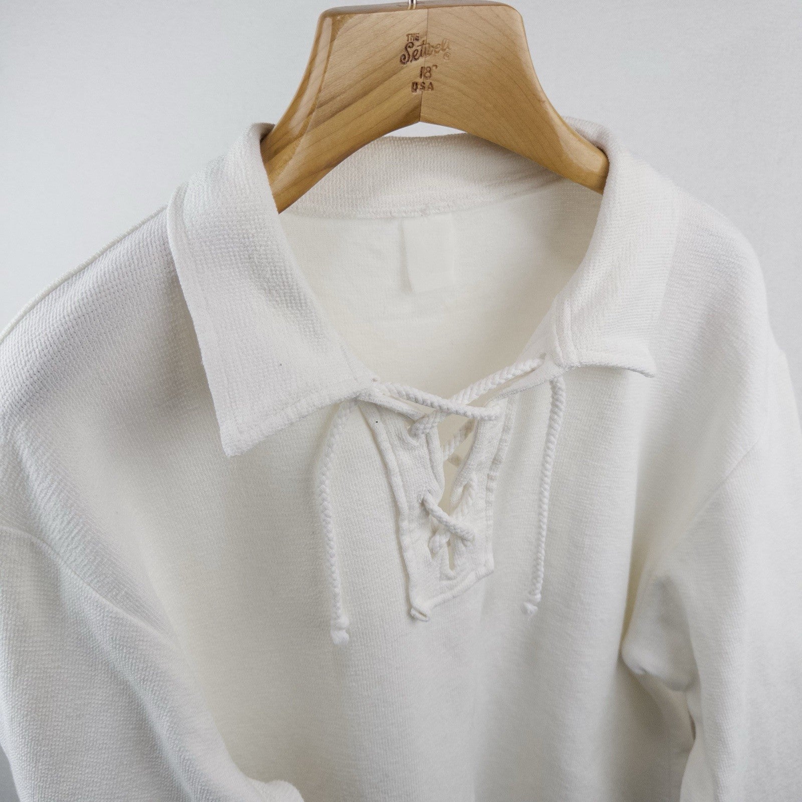 70s Vtg White Lace Up Tunic Shirt Men’s L Long Sleeve Polo Collar Boho Peasant