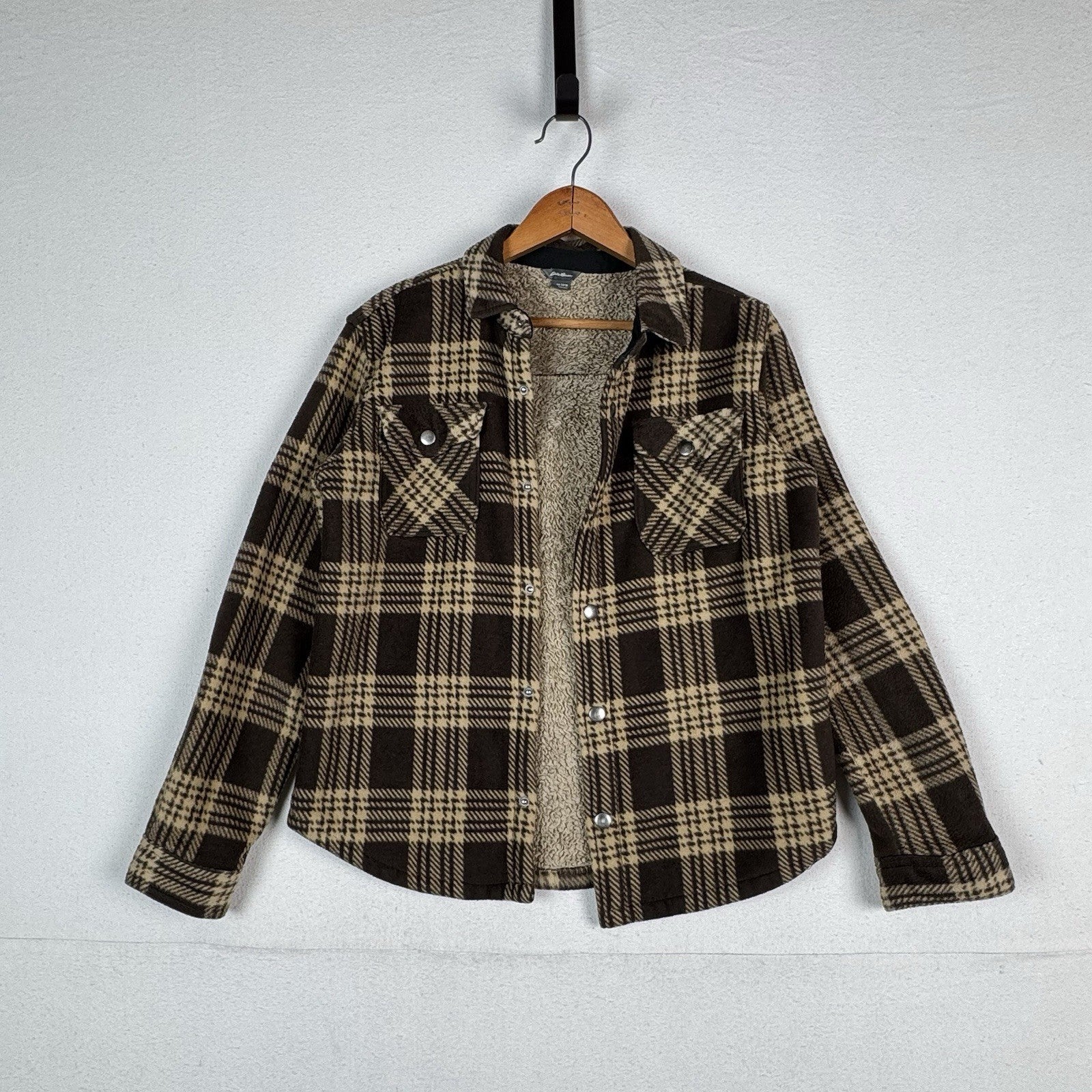 Eddie Bauer Boys Thick Fleece Sherpa Lined Jacket Shirt Brown Plaid Size 14/16