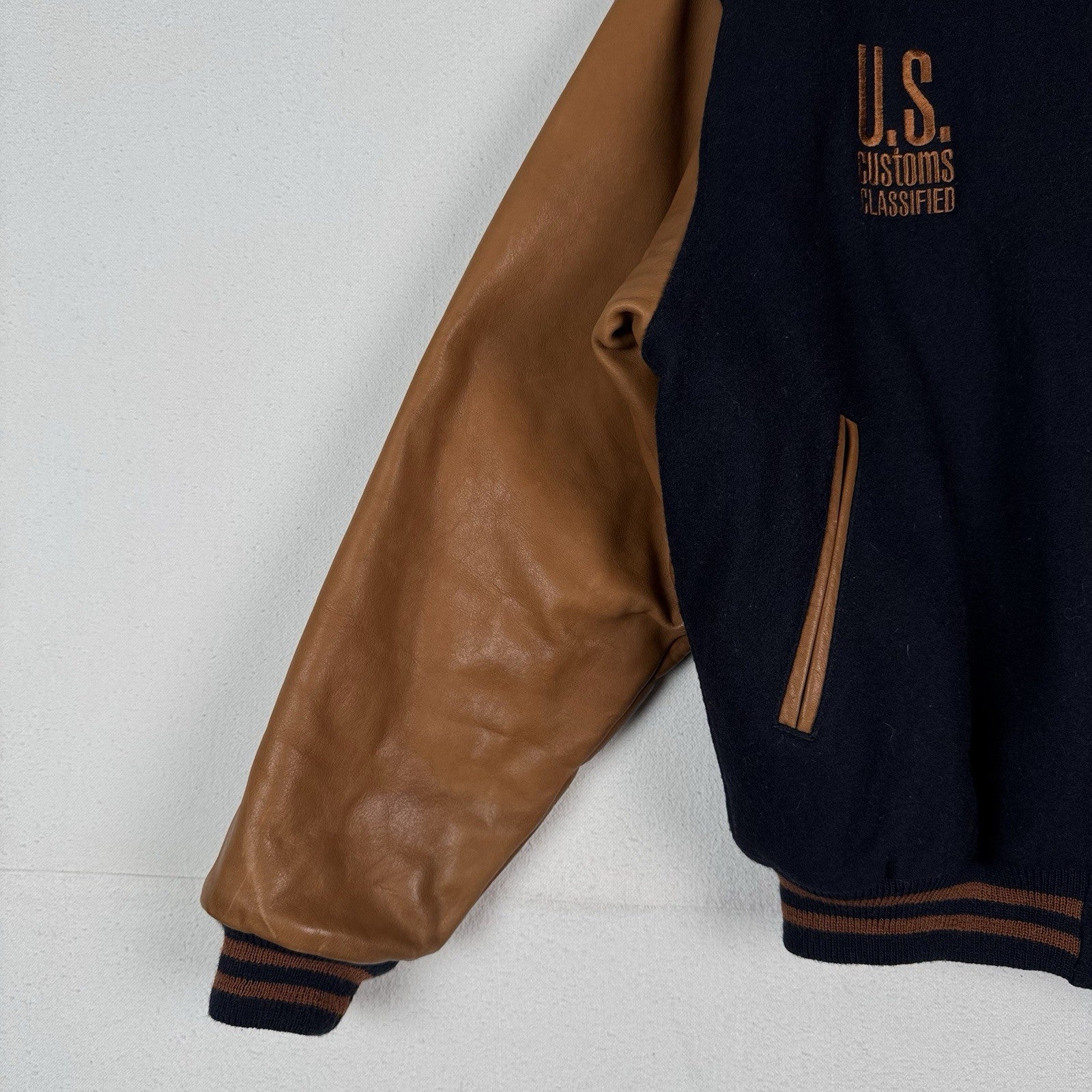 US Customs X Golden Bear Varsity Navy Wool Leather Jacket Mens Large Made USA