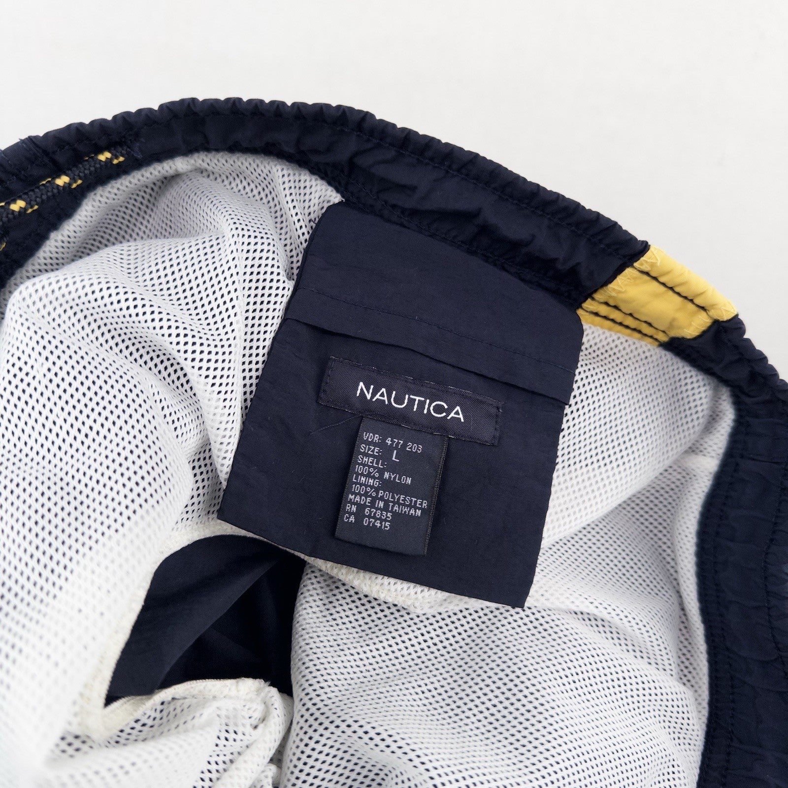 90’s Vtg Nautica Board Swim Shorts Navy Blue Lined Trunks Yellow Stripe Men’s L