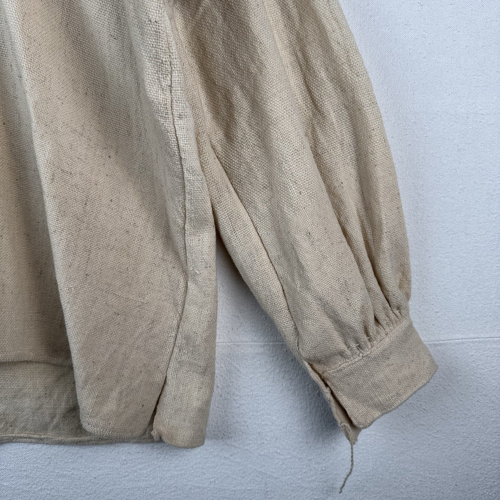 Handmade Linen V-neck Balloon Sleeve Tunic Beige Vintage Poet Shirt 42” Chest