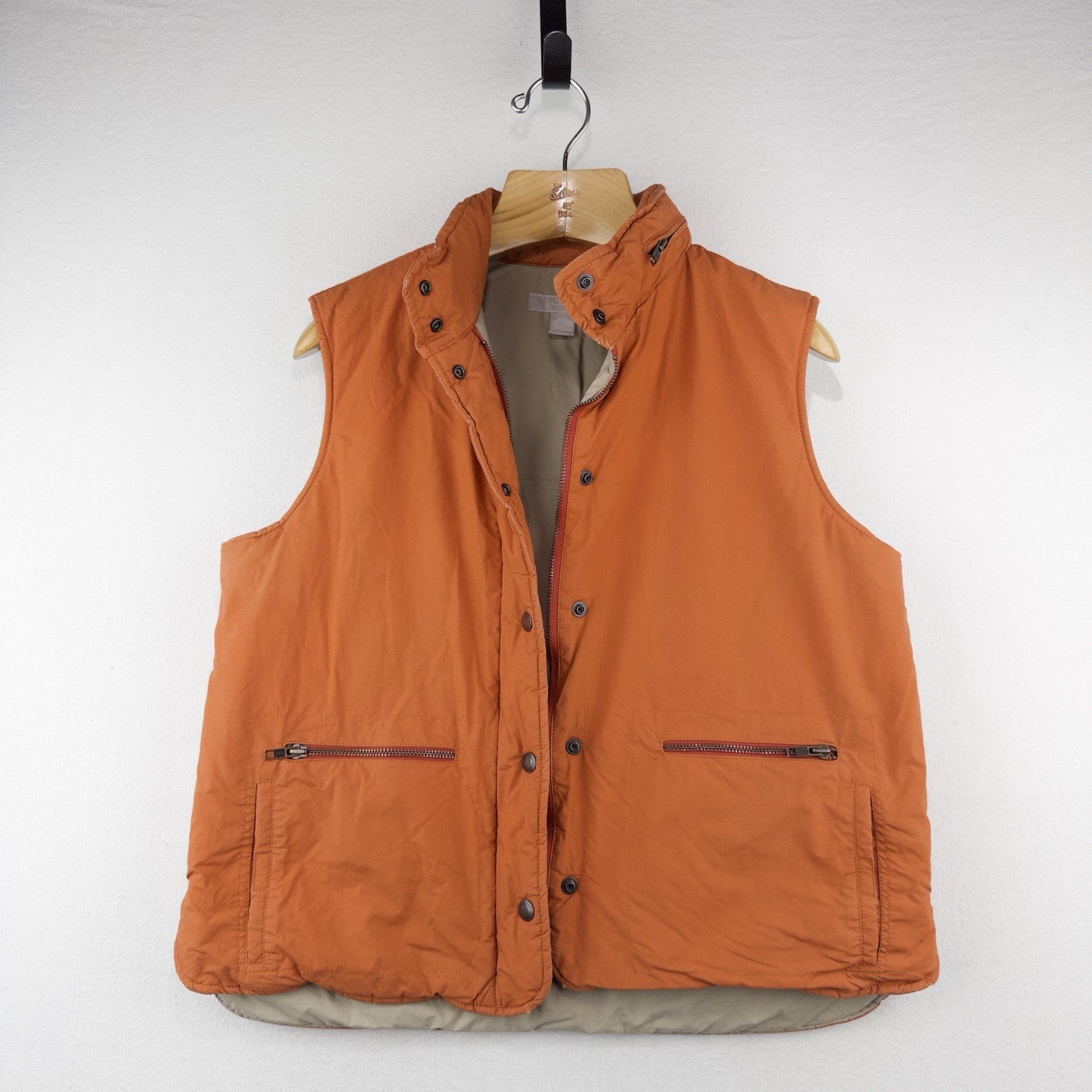 J.Crew Puffer Vest Full Zip Orange Women’s Large Hidden Hood Snaps