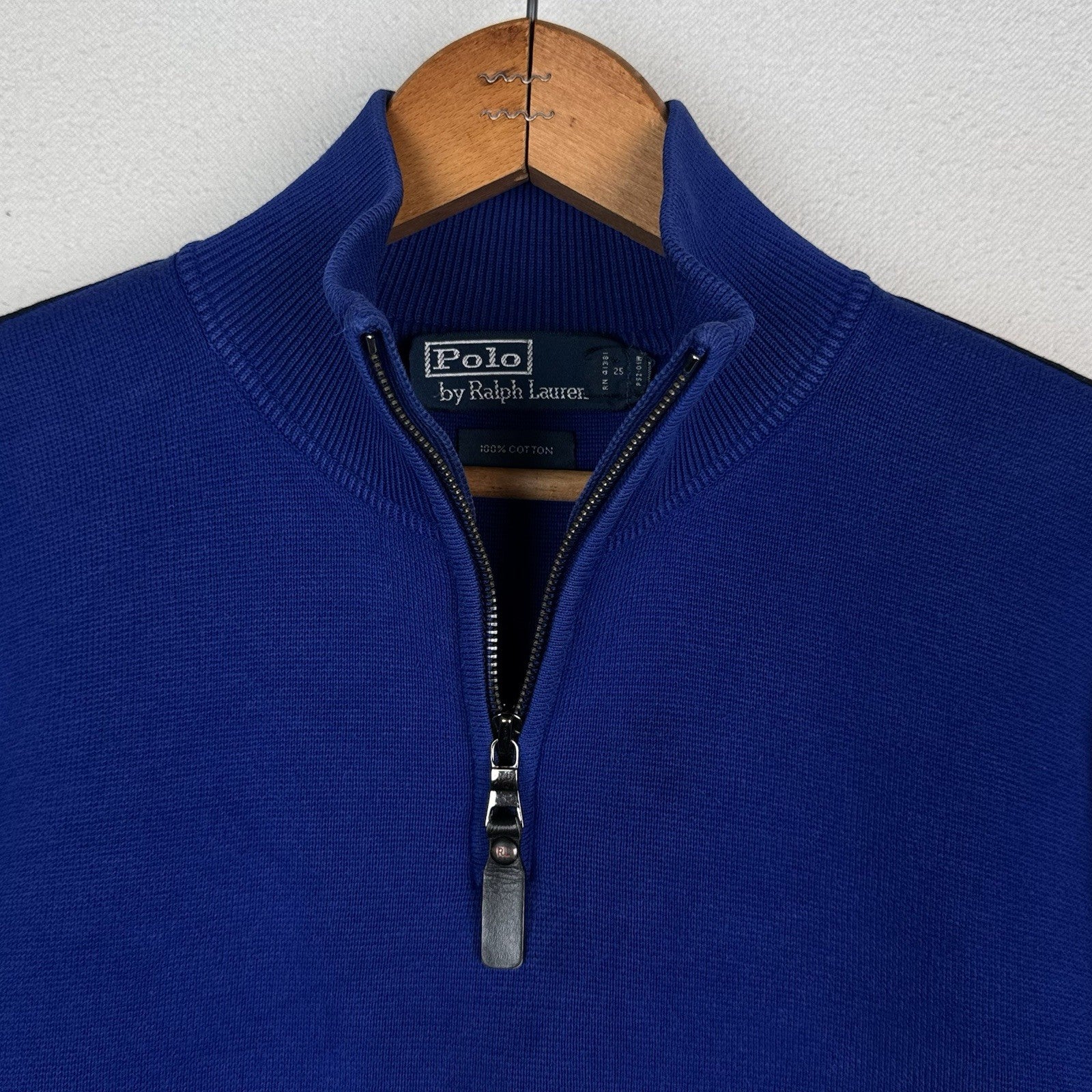 Vintage Polo Ralph Lauren Sweater Mens 2XL Royal Blue Black 1/4 Zip Knit Preppy