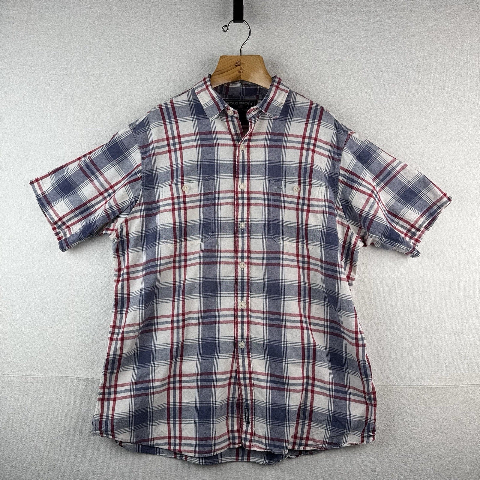 Vintage Polo Sport Ralph Lauren Men’s M Red Blue Plaid Linen Blend Camp Shirt