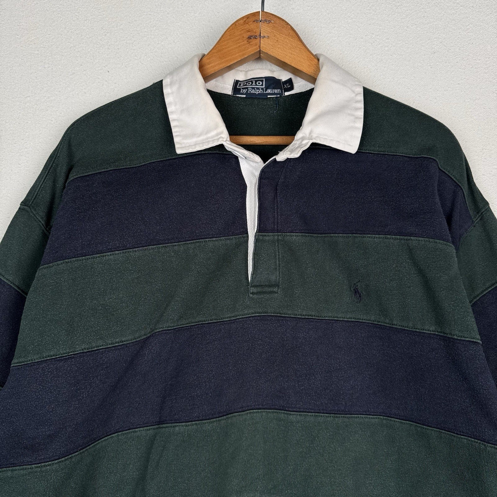 Vintage 90’s Polo Ralph Lauren Men's XL Stripe Banded Green Blue Rugby Shirt