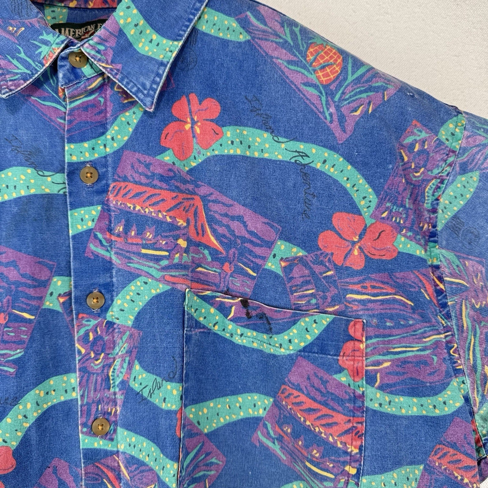 90's Vtg American Eagle Hawaiian Shirt Men's L Oversized Floral Made In USA Rare