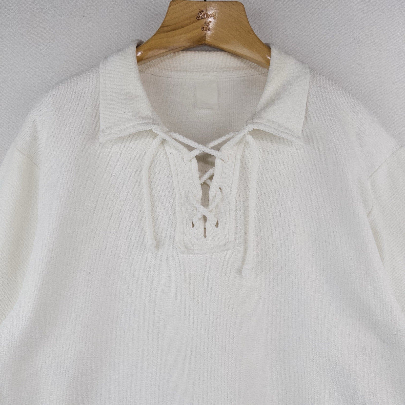 70s Vtg White Lace Up Tunic Shirt Men’s L Long Sleeve Polo Collar Boho Peasant