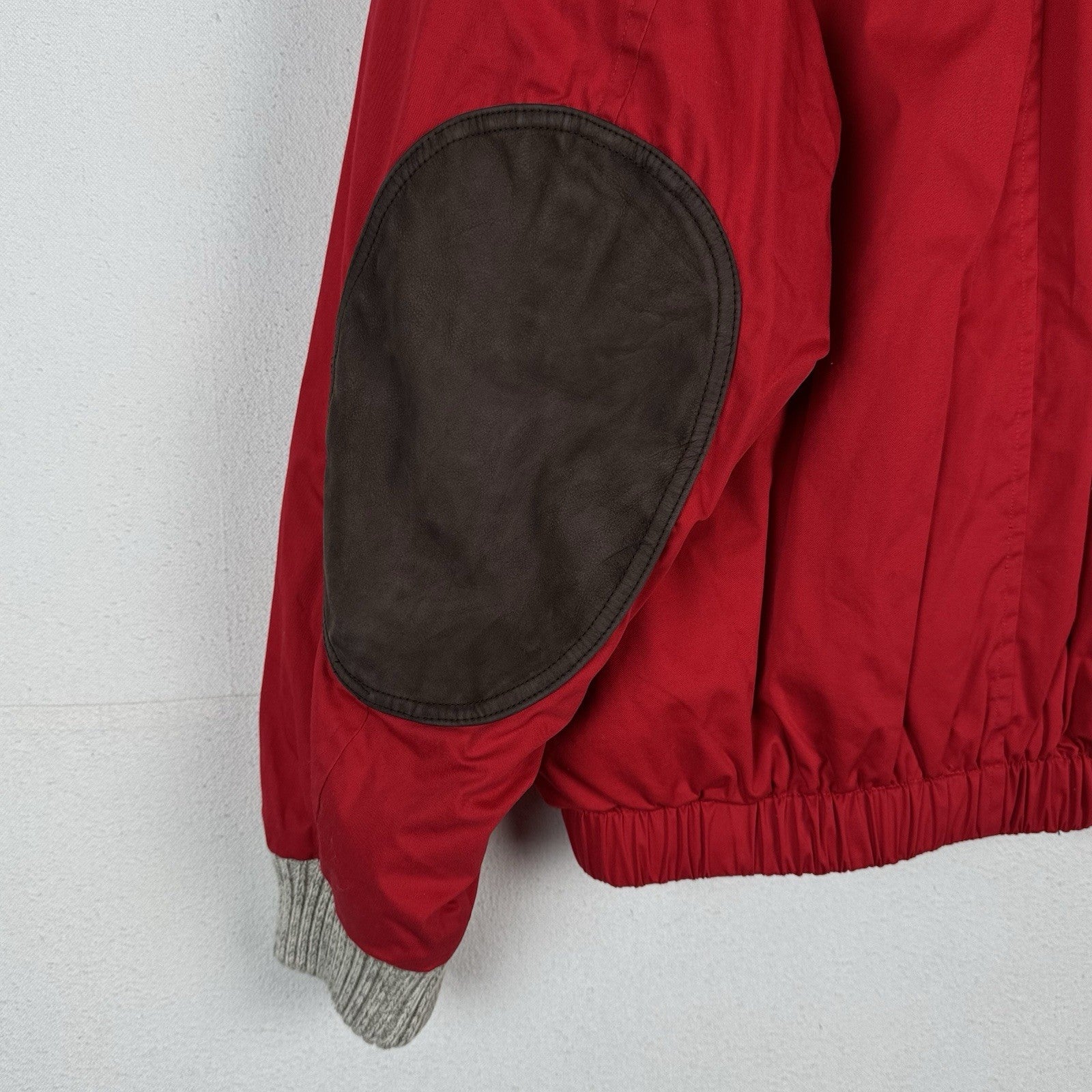 90s Nautica Mens XL Down Puffer Bomber Jacket Leather Patches Red Sweater Collar