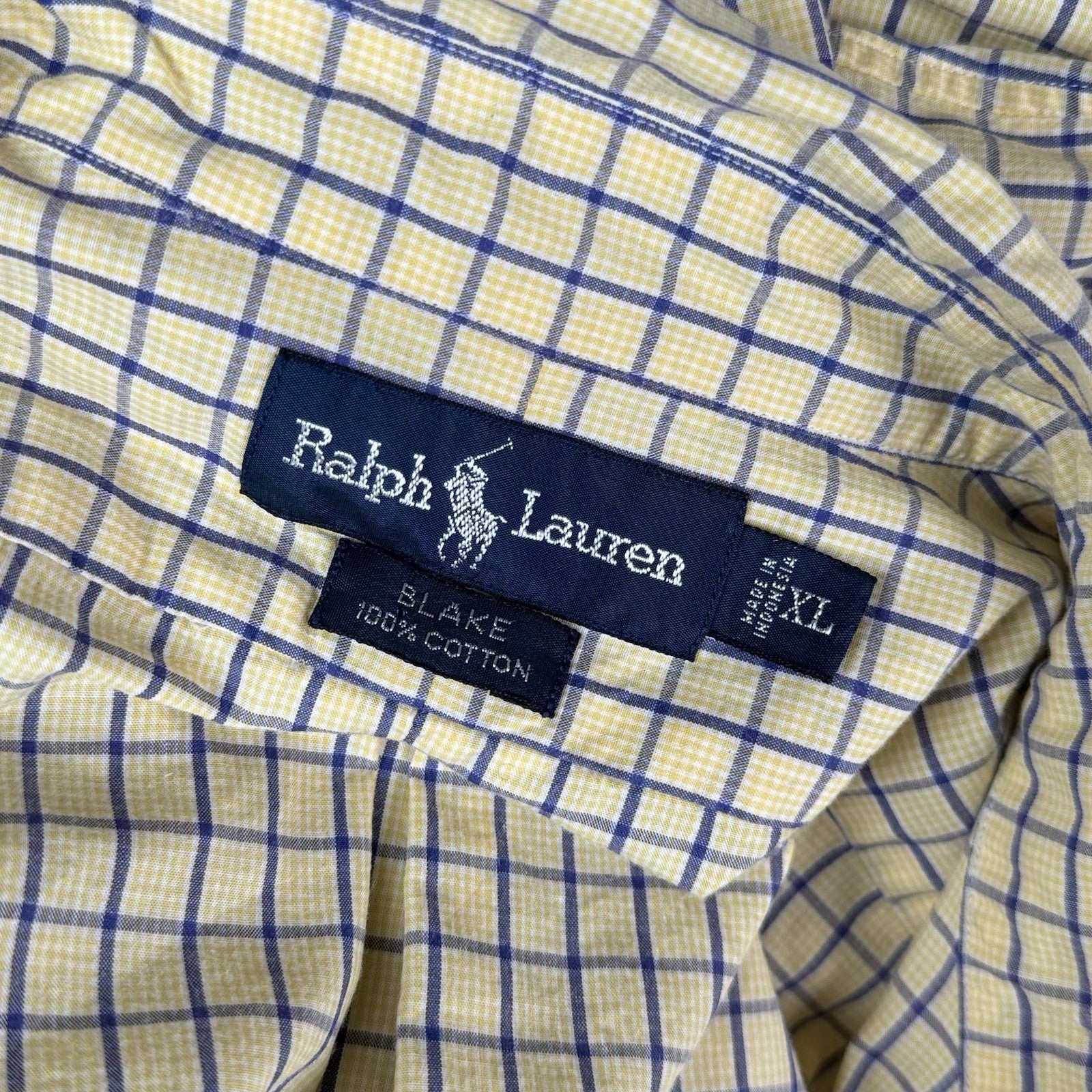 Vintage Ralph Lauren Button Down Blake Shirt Mens XL  SS Yellow Gingham Check