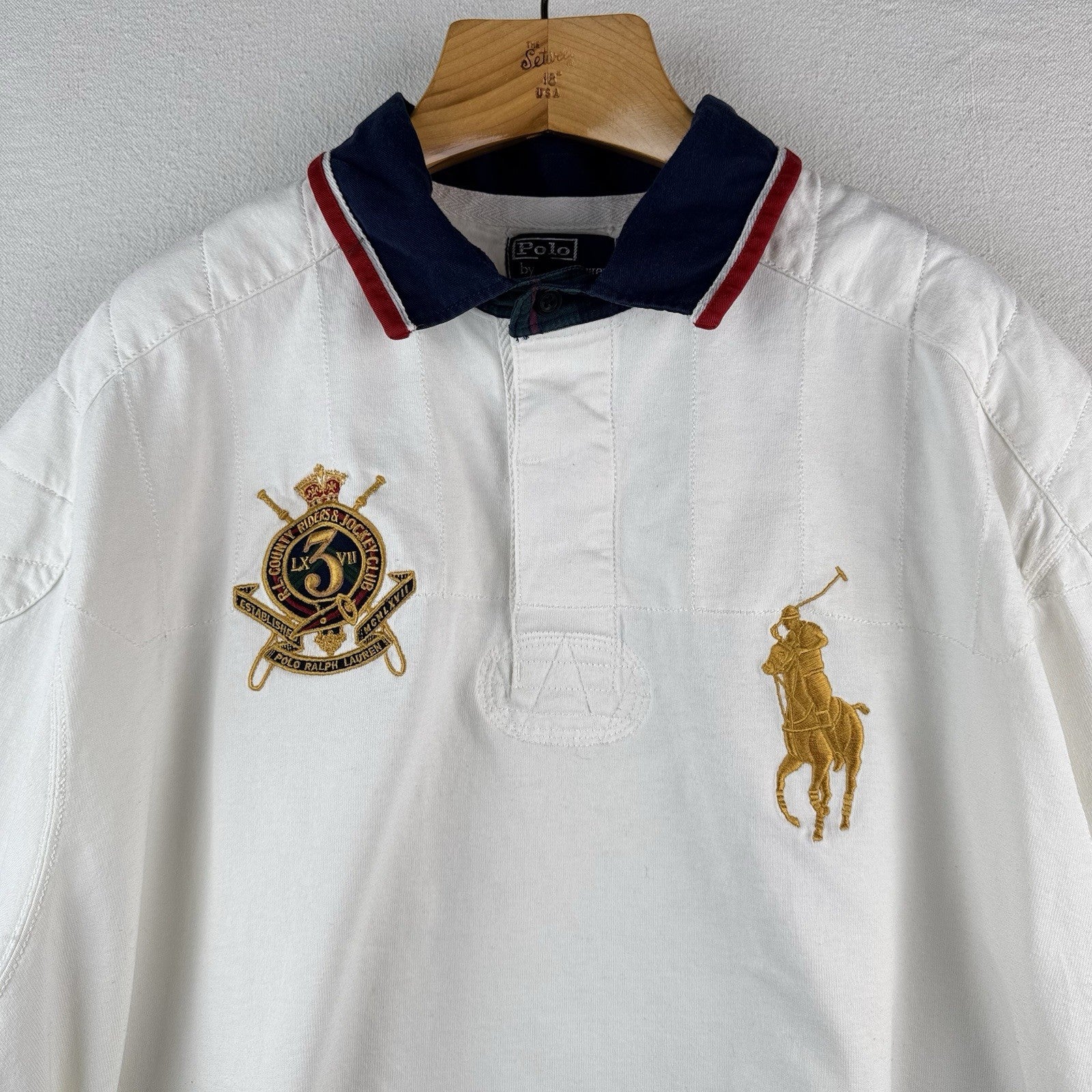 Vtg Polo Ralph Lauren White Rugby Shirt Big Pony 4XB Jockey Club Crest Quilted