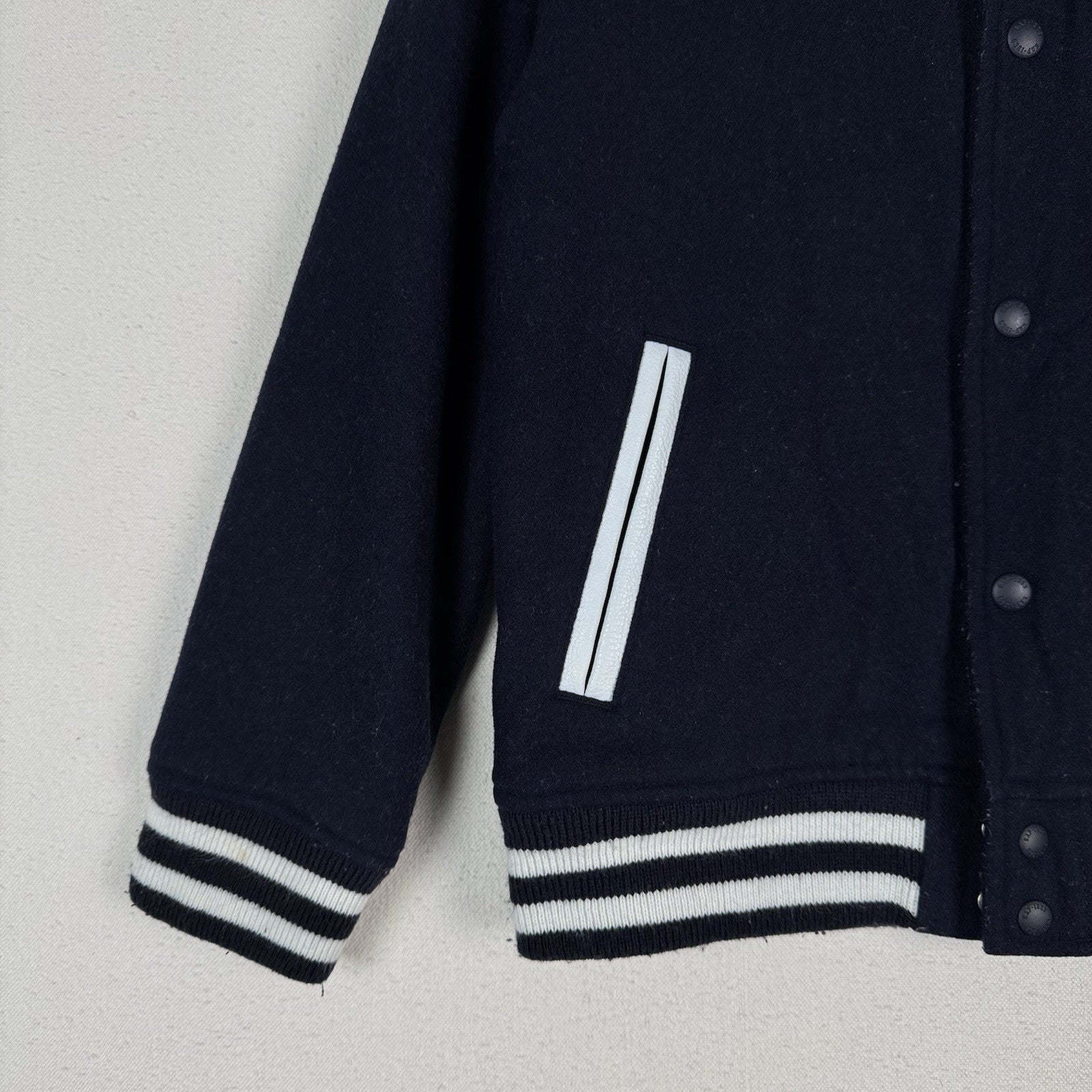 Gap Kids Wool Blend Varsity Baseball Jacket Navy Blue Removable Hood Size L 10