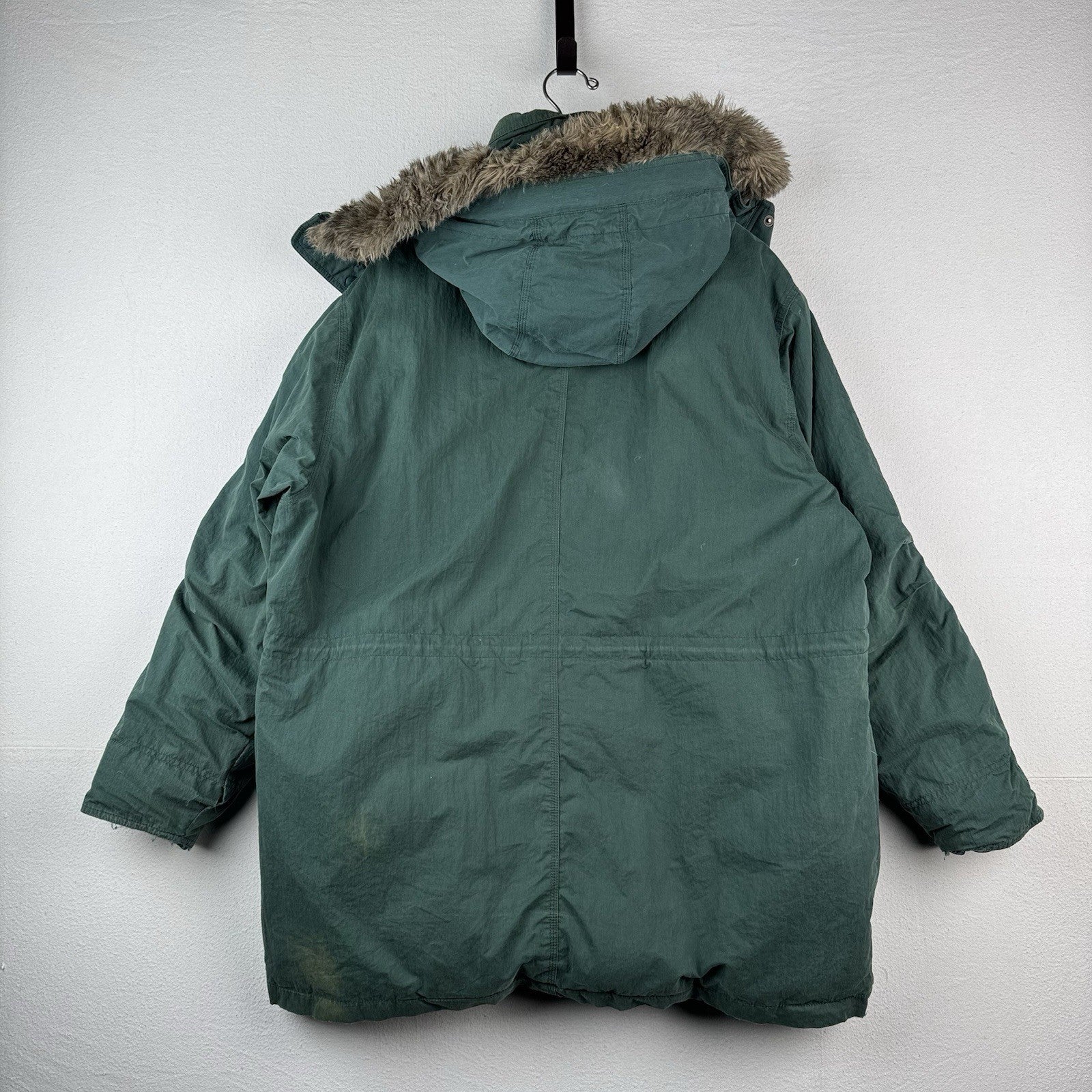 90’s Vtg L.L. Bean Men’s L Goose Down Faux Fur Hooded Parka Puffer Jacket Green