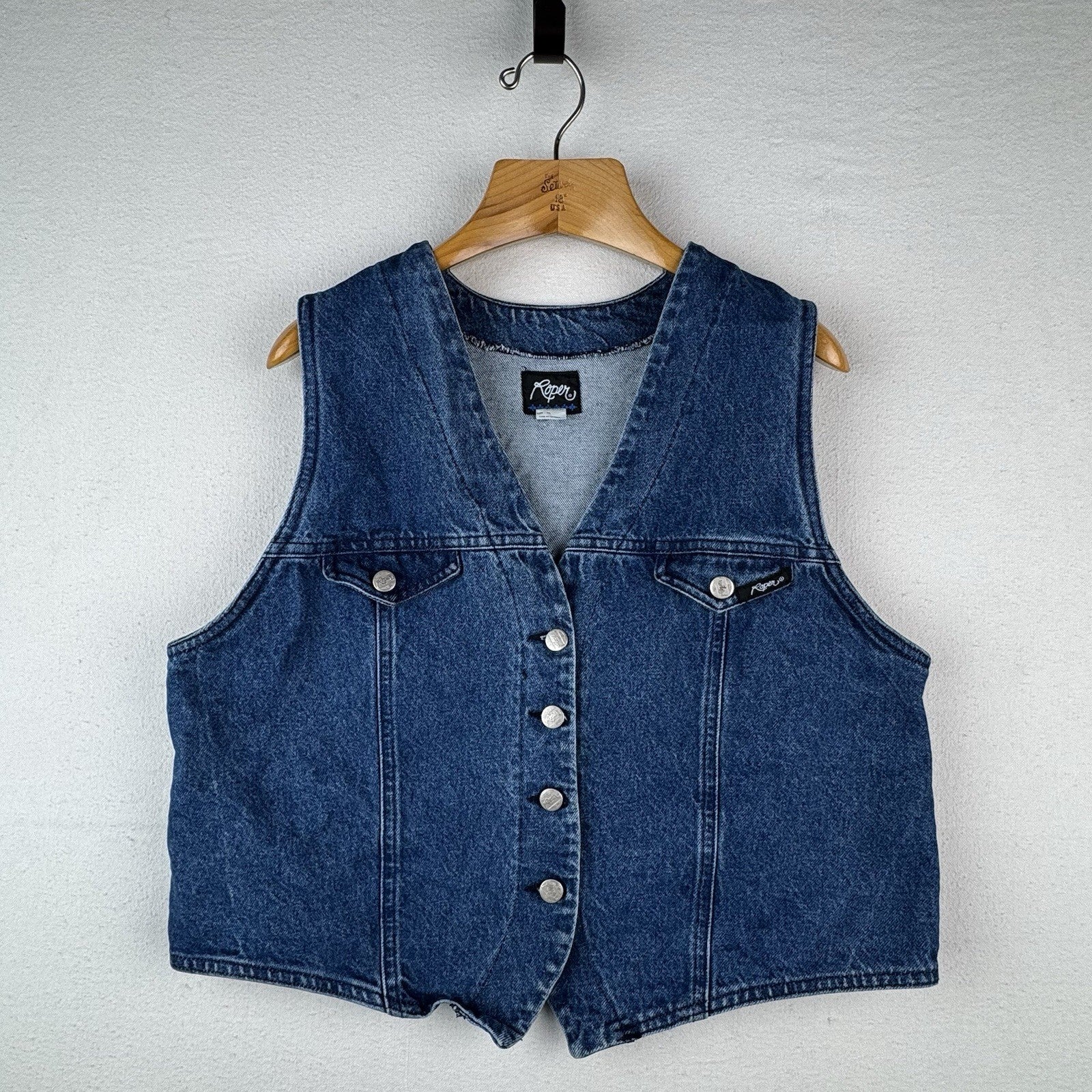 90’s Vintage Roper Blue Denim Vest XL 100% Cotton Western Made In USA 22”