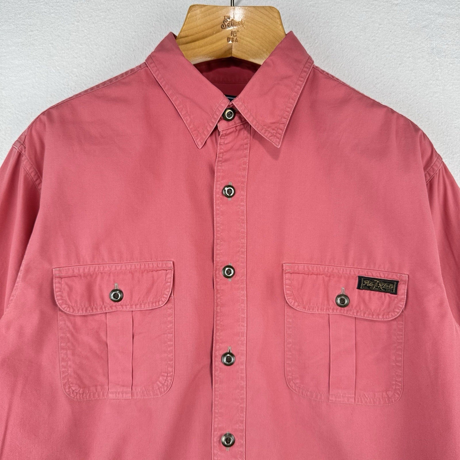 90’s Vtg Polo Ralph Lauren Men’s XL Military Safari Shirt Button Up Salmon Pink