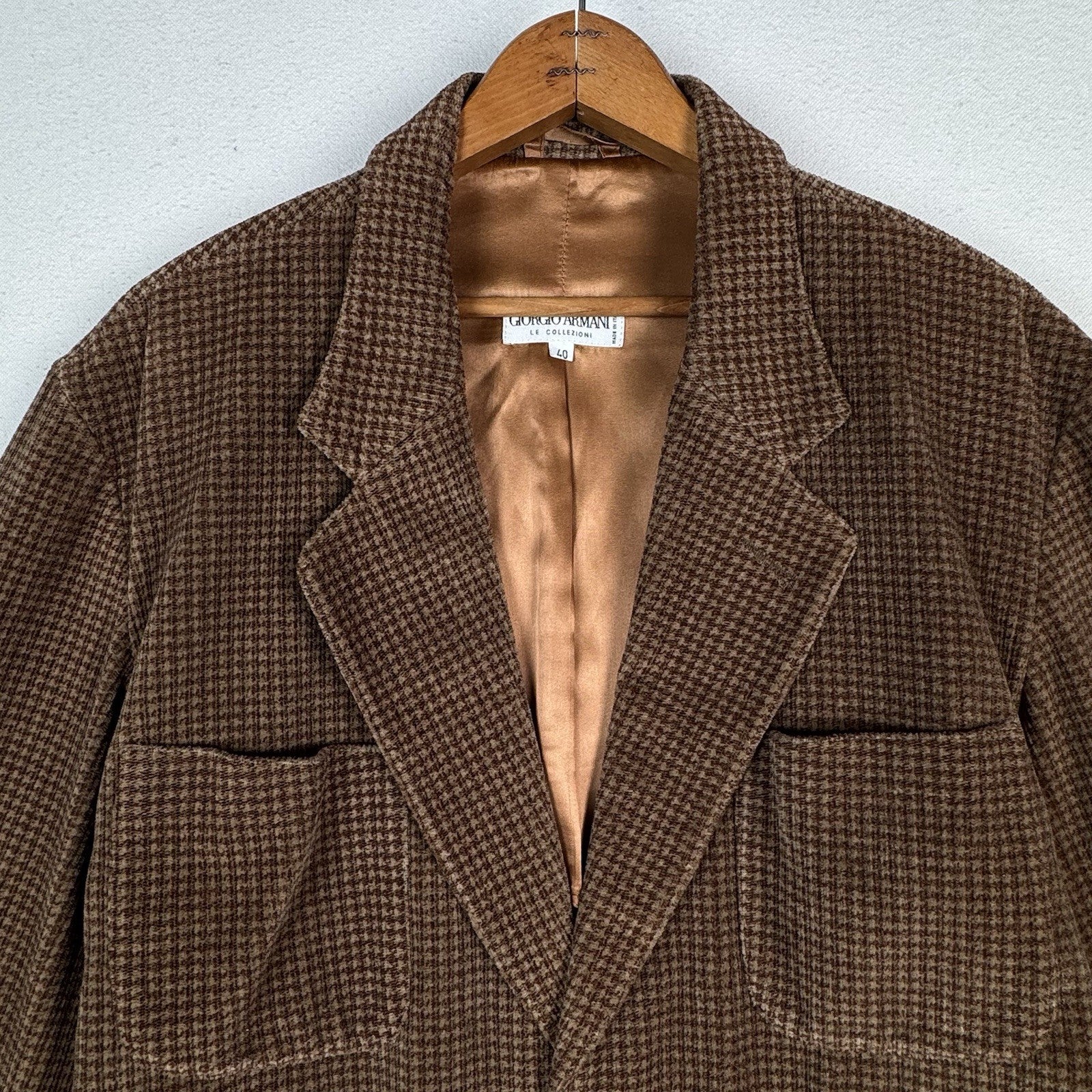 Vtg Armani Collezioni Fine Wale Corduroy Blazer Houndstooth Plaid Brown Men’s 40