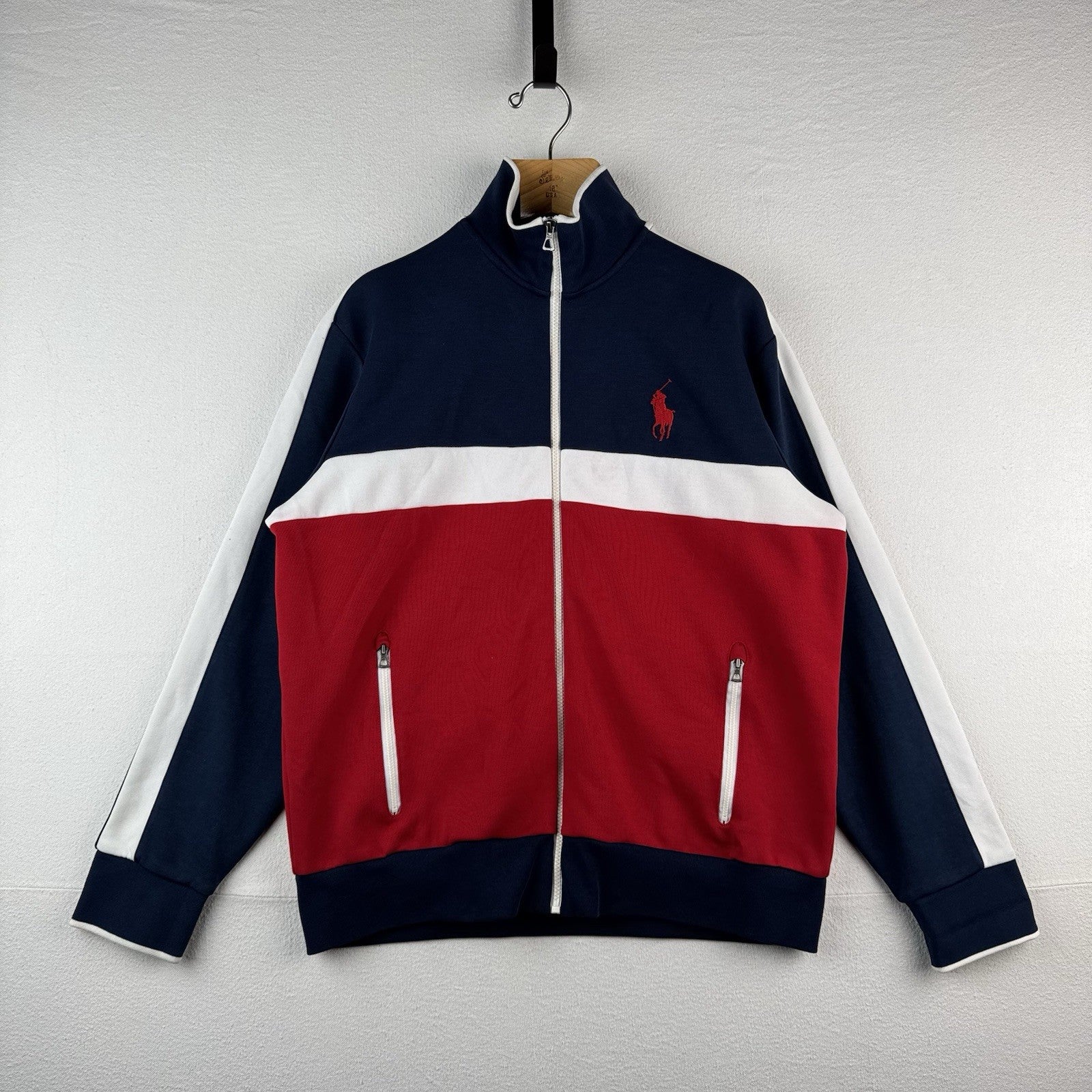 Polo Ralph Lauren Men's L Full Zip Red White Blue USA Flag Track Jacket Big Pony