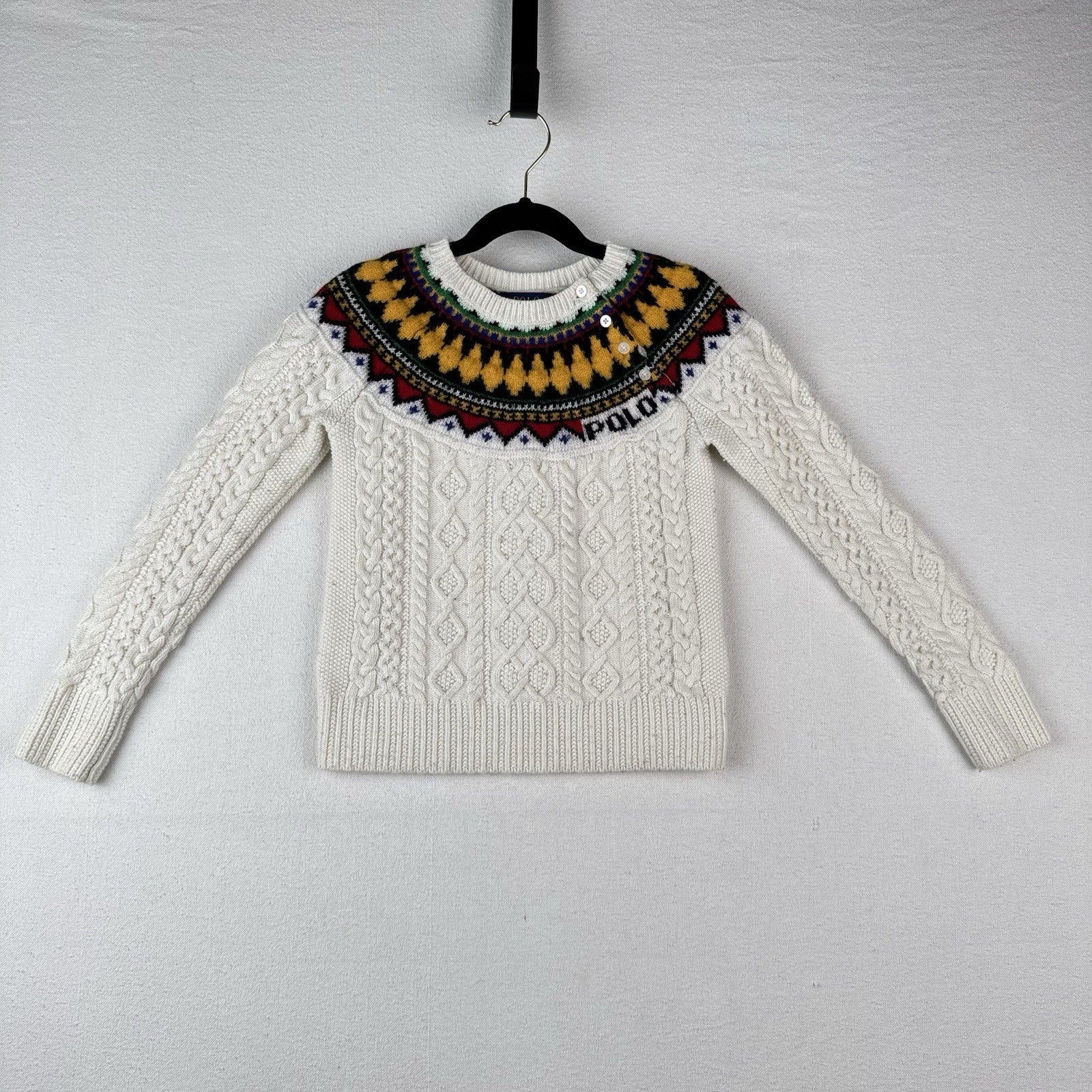 Polo Ralph Lauren Girl’s Small (7) Fair Isle Aran Knit Sweater Cream Colorful