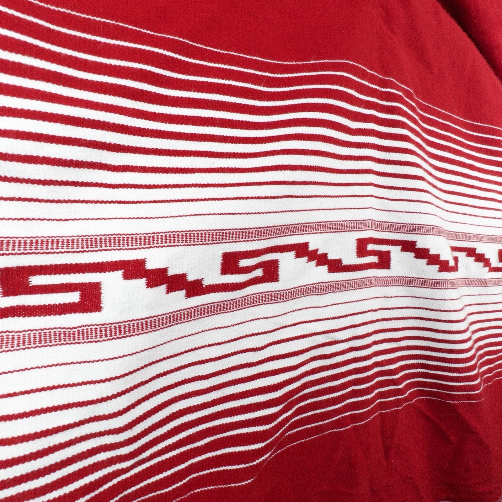Vtg Mexican Handwoven Fringed Over The Head Poncho Wool Blend Boho Red White