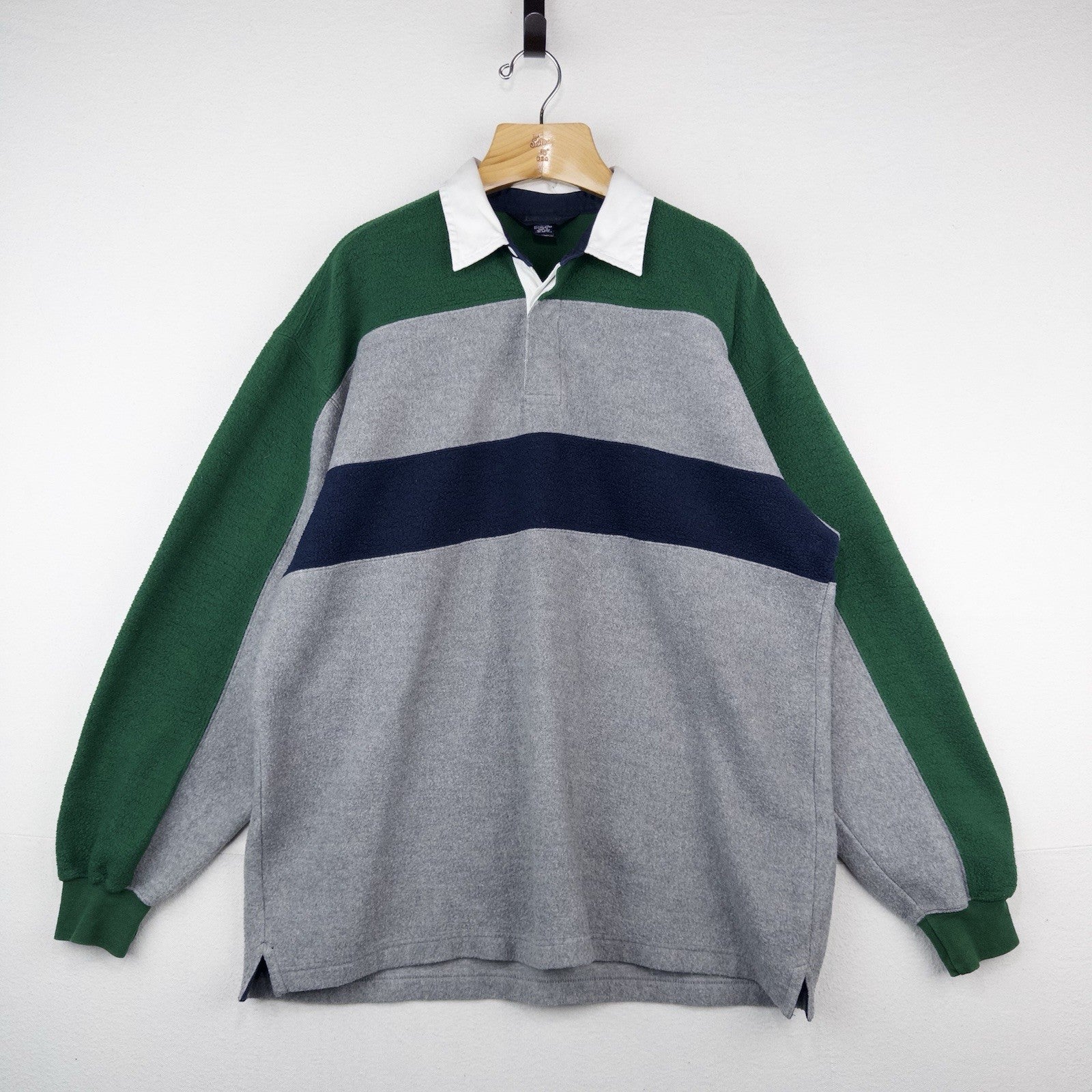 90’s Vtg Lands End Direct Merchants Men’s L Fleece Rugby Blue Green Gray