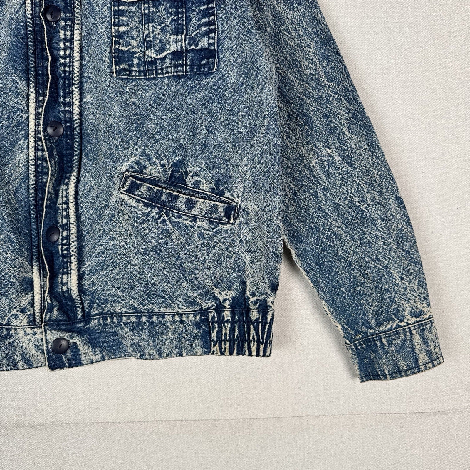 Vintage 80’s Chai Denim Jacket Unisex Medium Acid Wash Quilted Shoulders Straps