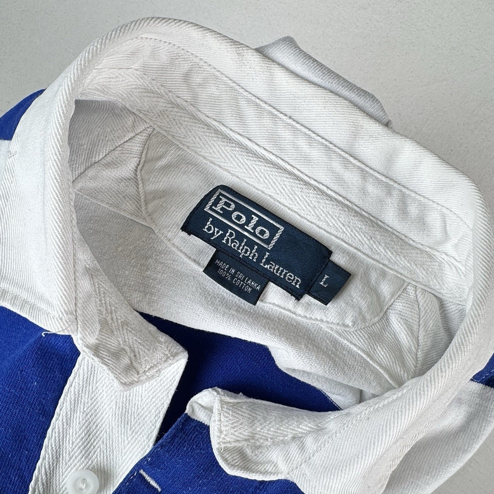 90’s Vintage Polo Ralph Lauren Rugby Shirt Mens Large Blue White Striped *Read