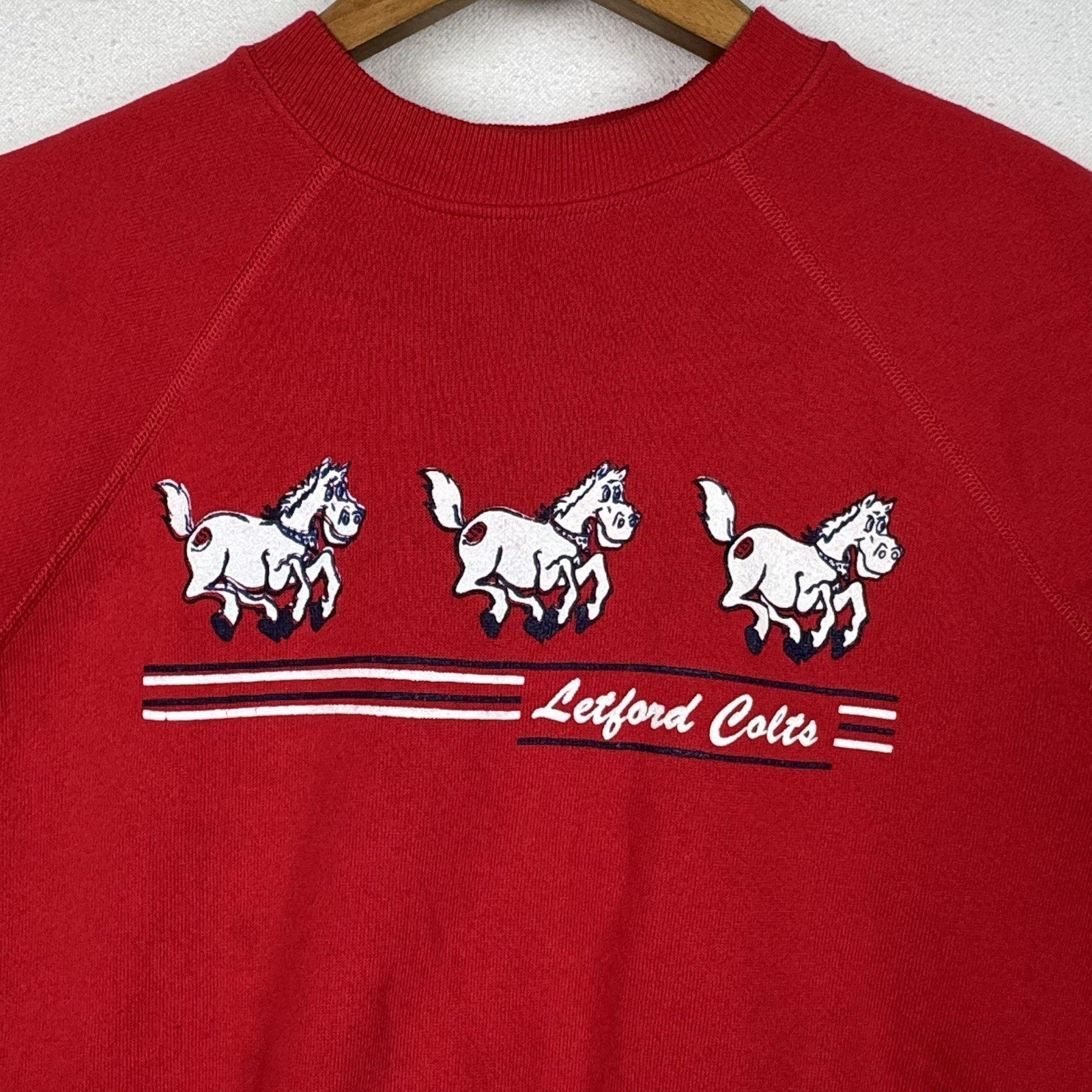 Vintage 80s Hanes Letford Red Raglan Crew Soft Cutoff Sweatshirt Sz M 50/50 USA