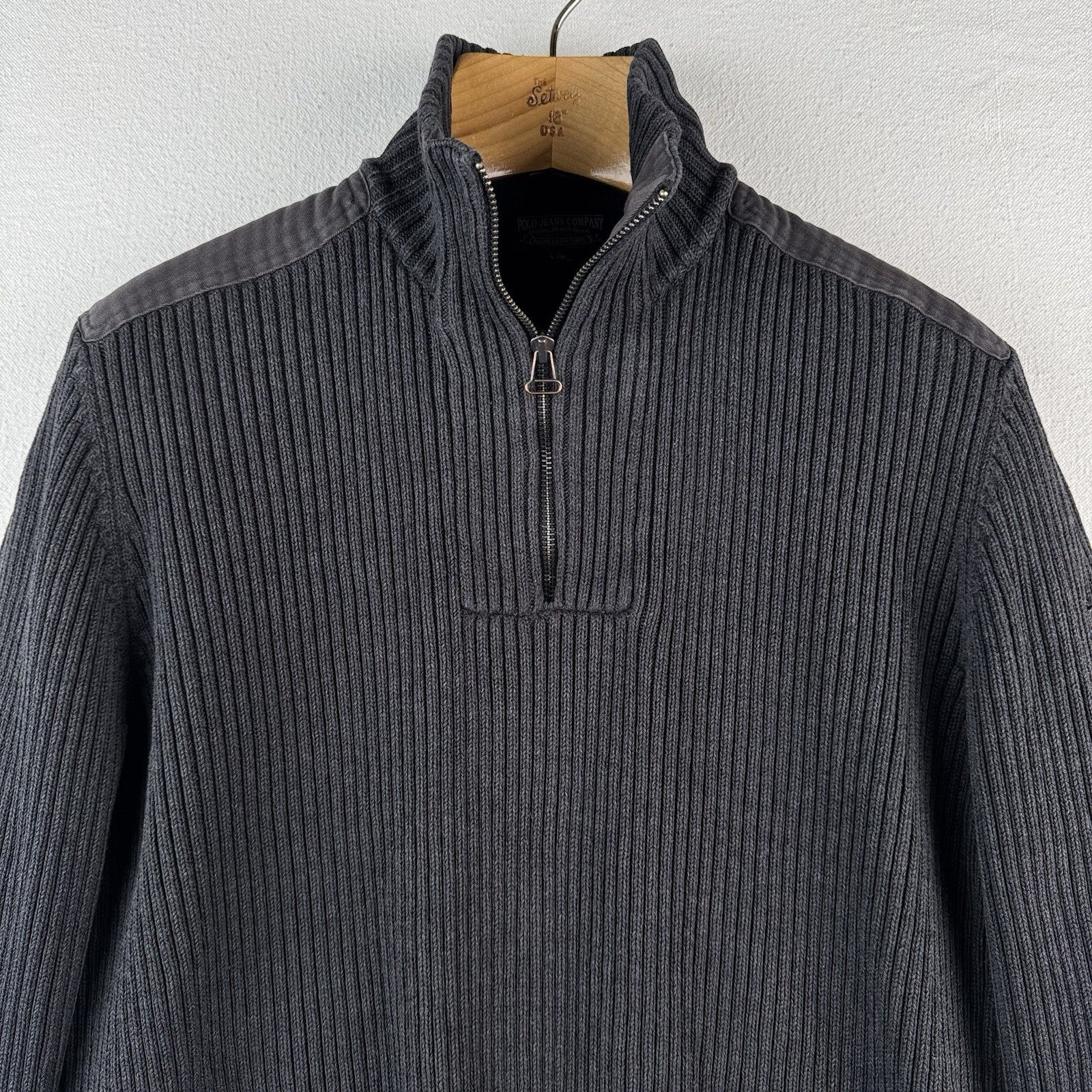 Vtg Polo Jeans Co Ralph Lauren Men’s L Military 1/4 Zip Ribbed Knit Sweater Gray