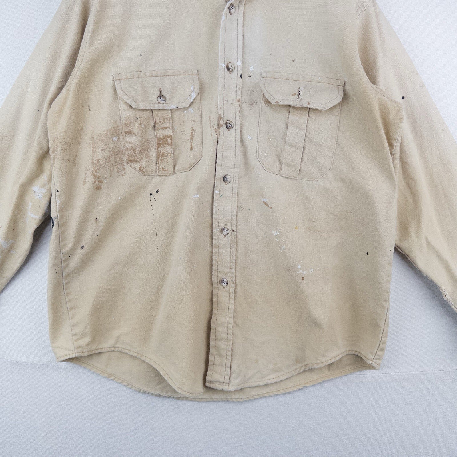70’s Vtg Sportsman's Guide Shirt Mens L Heavy Cotton Tan Long Sleeve *Distressed