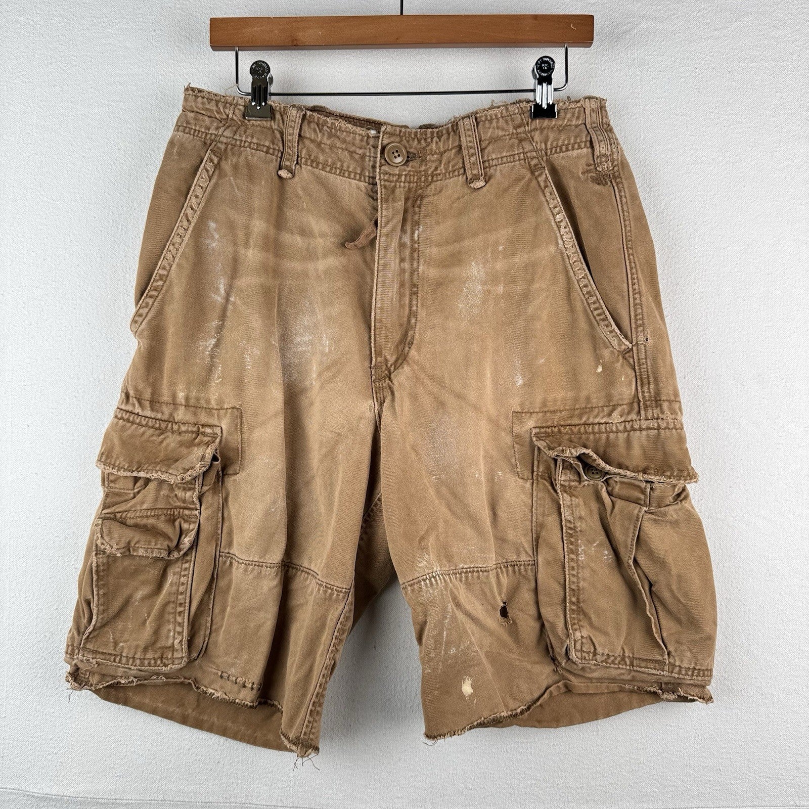 Vtg Abercrombie & Fitch Men’s 30 Heavy Duty Cargo Shorts Y2K Distressed Tan 9”