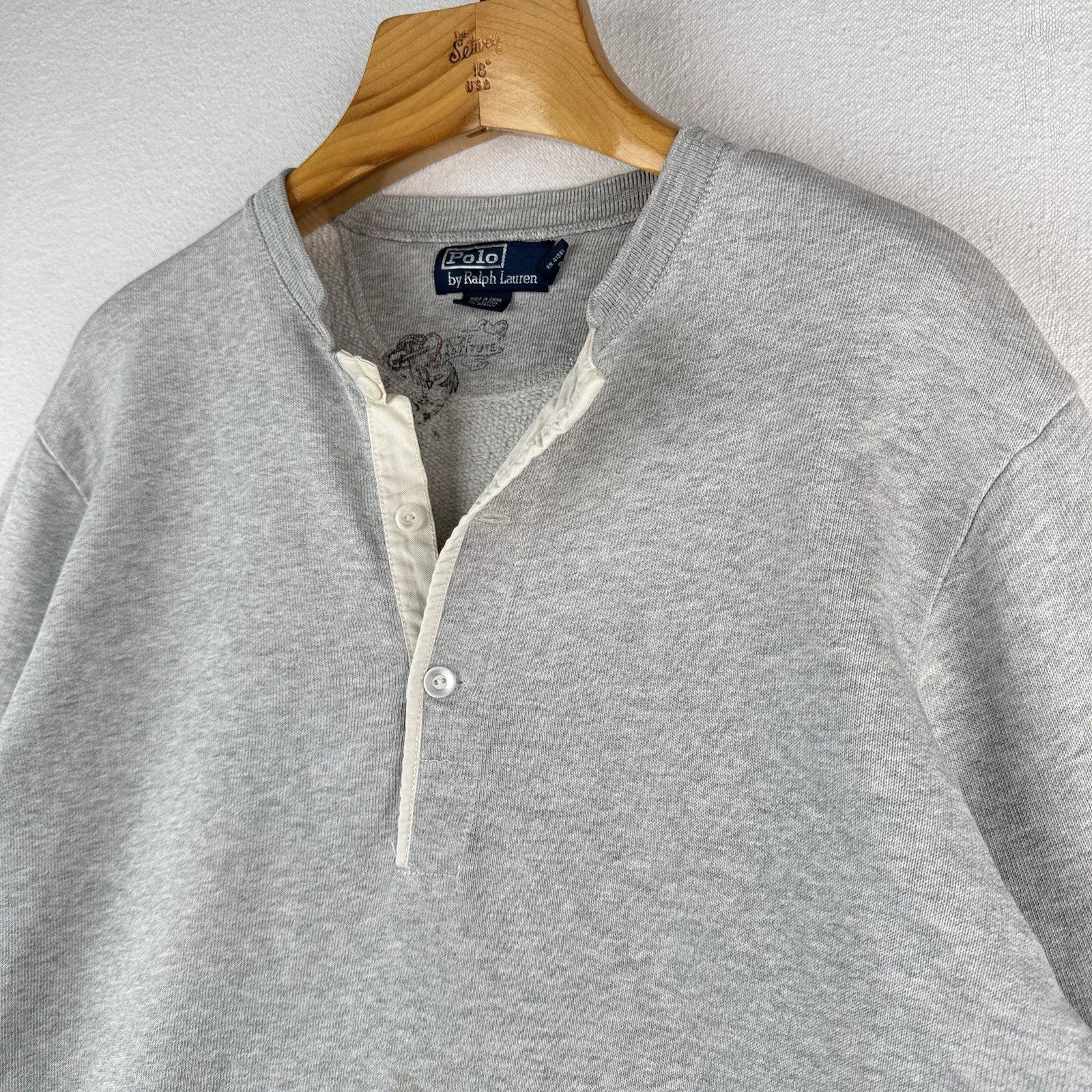 90s Vintage Polo Ralph Lauren Mens Large Henley Sweatshirt Gray *Distressed