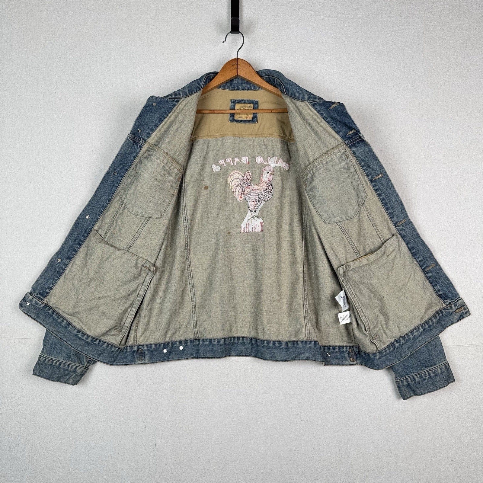 Vtg Old Navy Men’s 2XL Embroidered Jean Jacket Gallo Papa Tiki Hut Rooster *Read