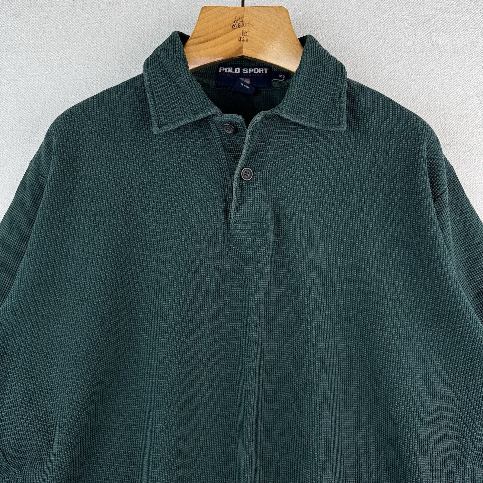Vtg Polo Sport Ralph Lauren Men’s XL Green Waffle Knit Shirt LS *Distressed