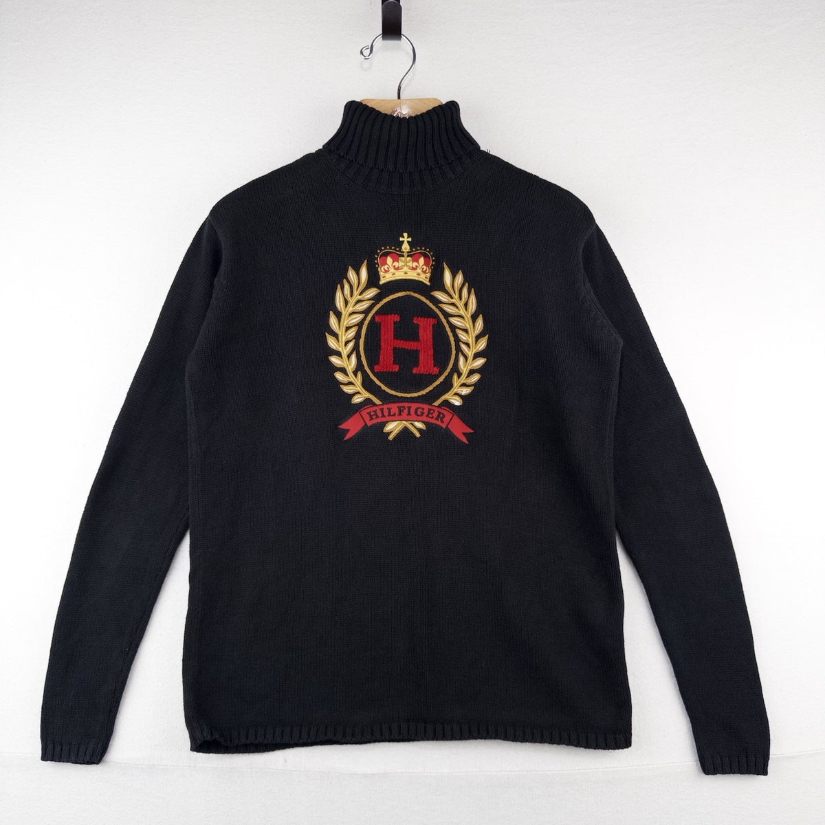 90’s Vtg Tommy Hilfiger Kint Sweater Men’s S Embroidered Crest Turtle Neck Black