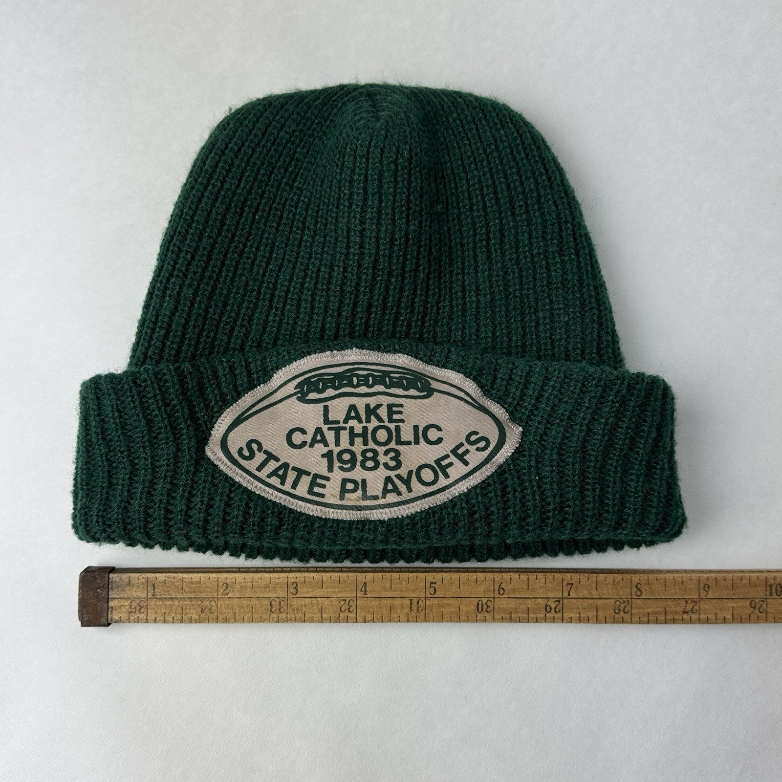 Vintage 1983 Lake Catholic Football State Playoffs Green Beanie Knit Hat 8.5”x7”
