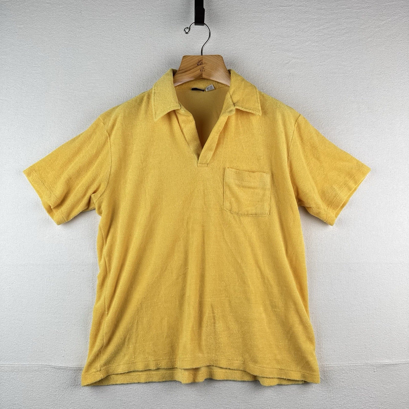 70s Vtg Selkirk Yellow Terry Cloth Pocket Polo Shirt XL Cabana Beach Pool V-neck