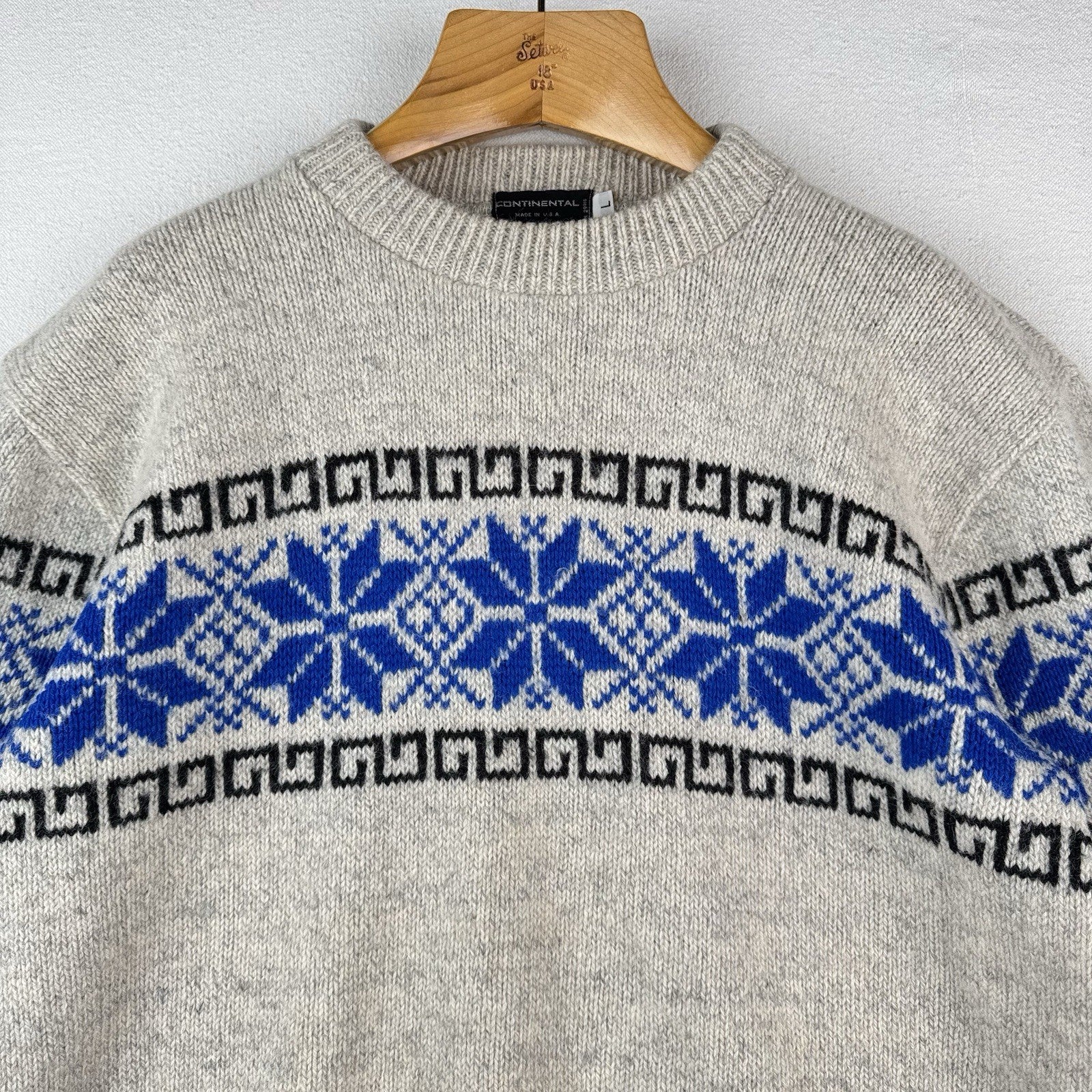 Vintage Continental Fair Isle Wool Blend Sweater Large Grey Blue Snow Made USA