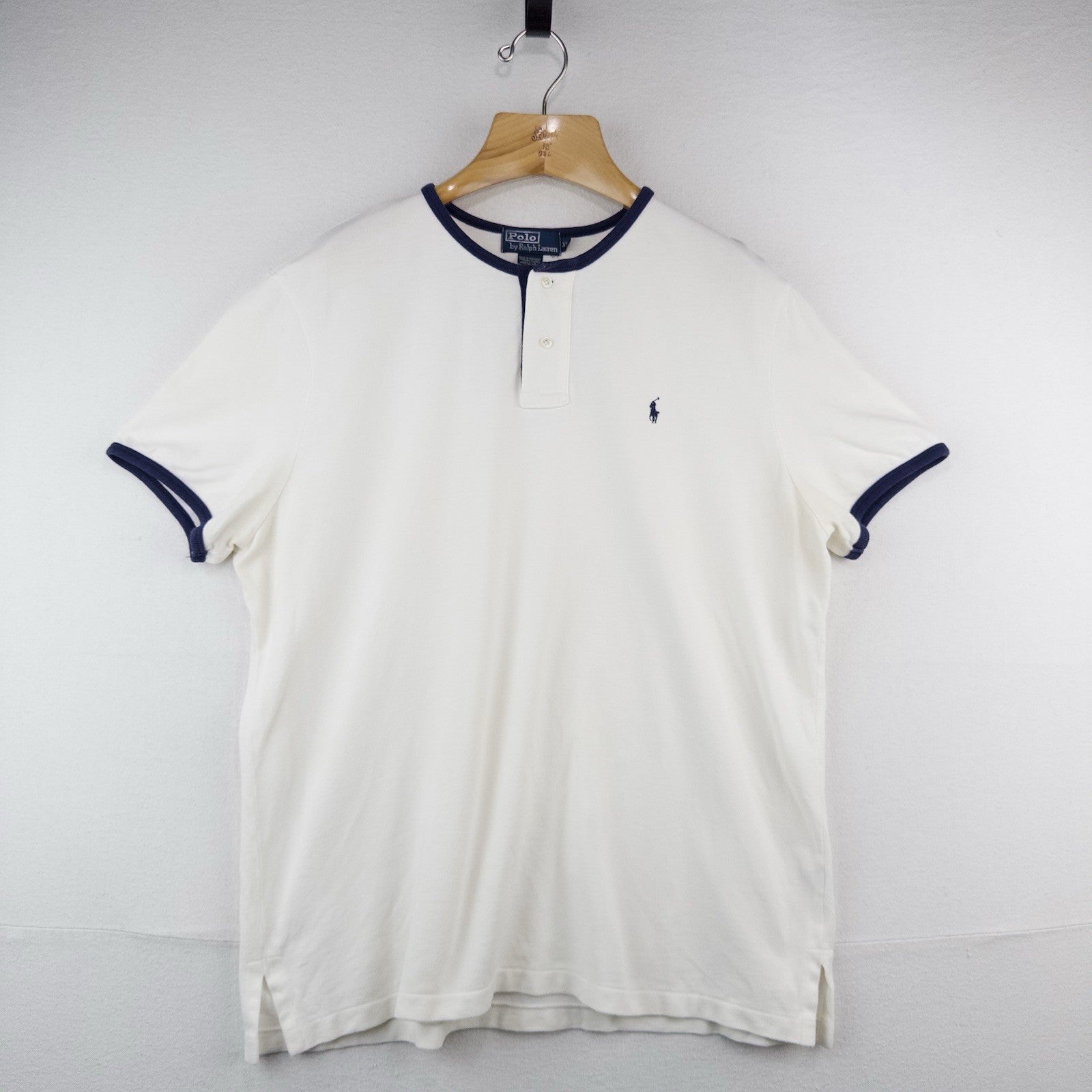 90’s Vtg Polo Ralph Lauren Henley Shirt Mens XL White Navy Ringer Cotton Pique