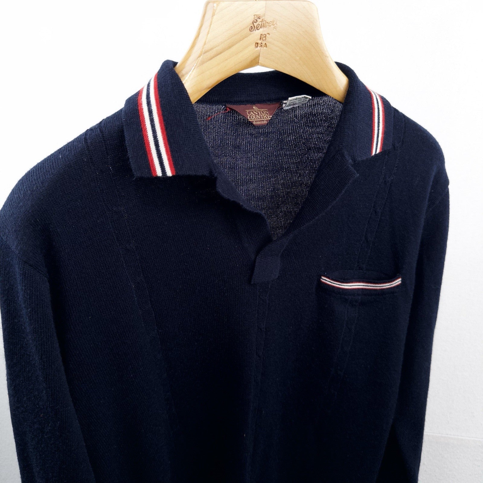 70’s Vtg Long Sleeve Knit Polo Sweater Ribbed Johnny Collar Navy Blue Men’s L