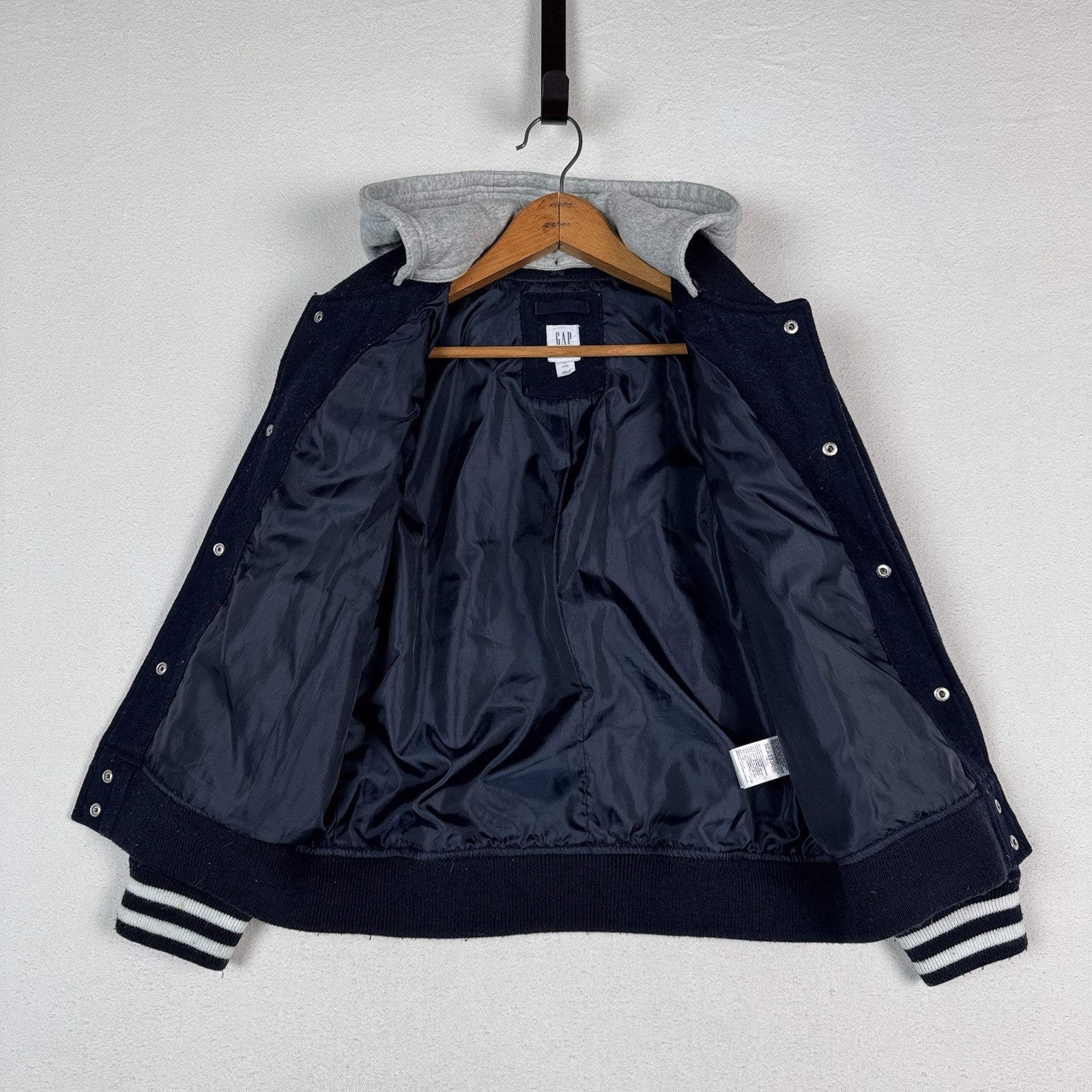 Gap Kids Wool Blend Varsity Baseball Jacket Navy Blue Removable Hood Size L 10