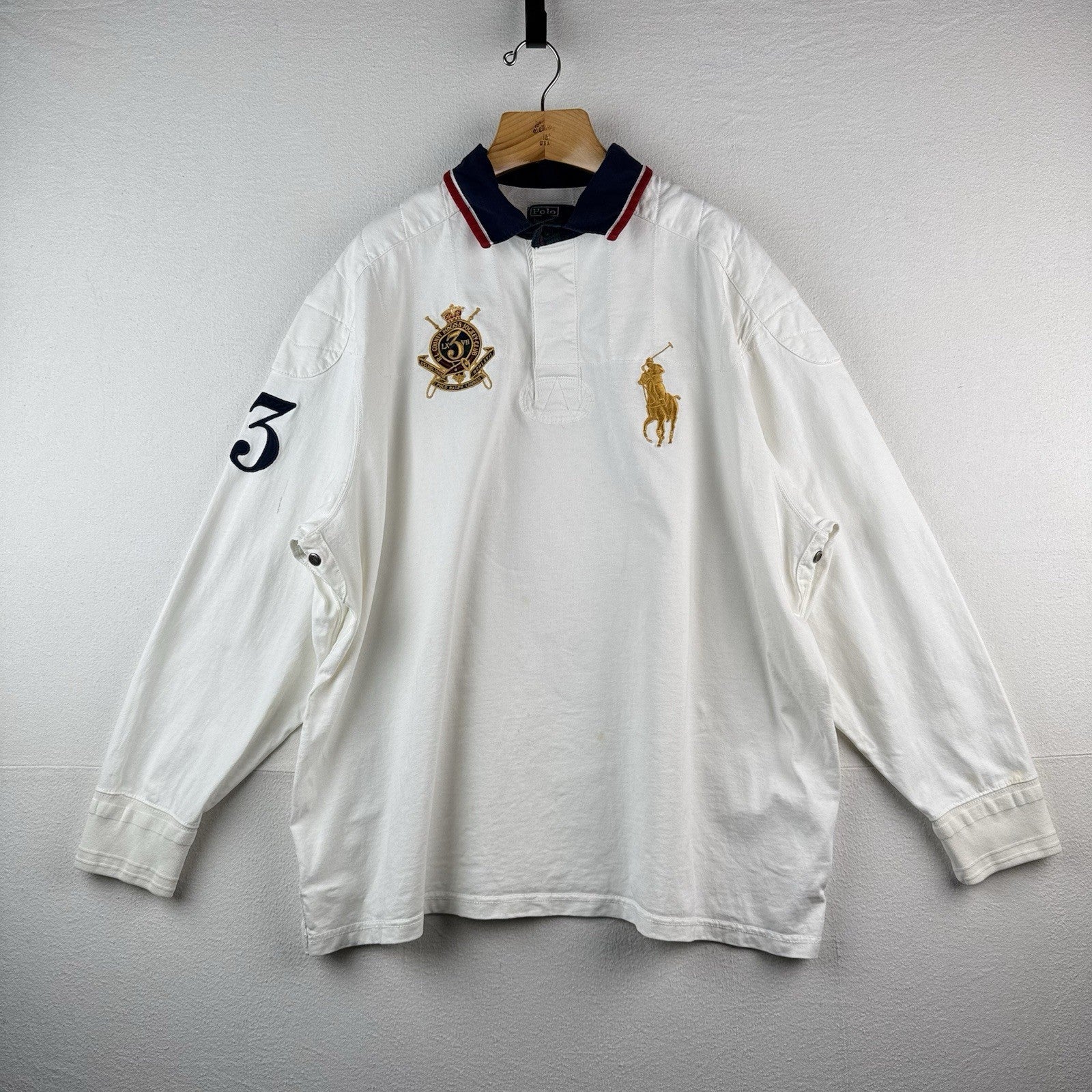 Vtg Polo Ralph Lauren White Rugby Shirt Big Pony 4XB Jockey Club Crest Quilted